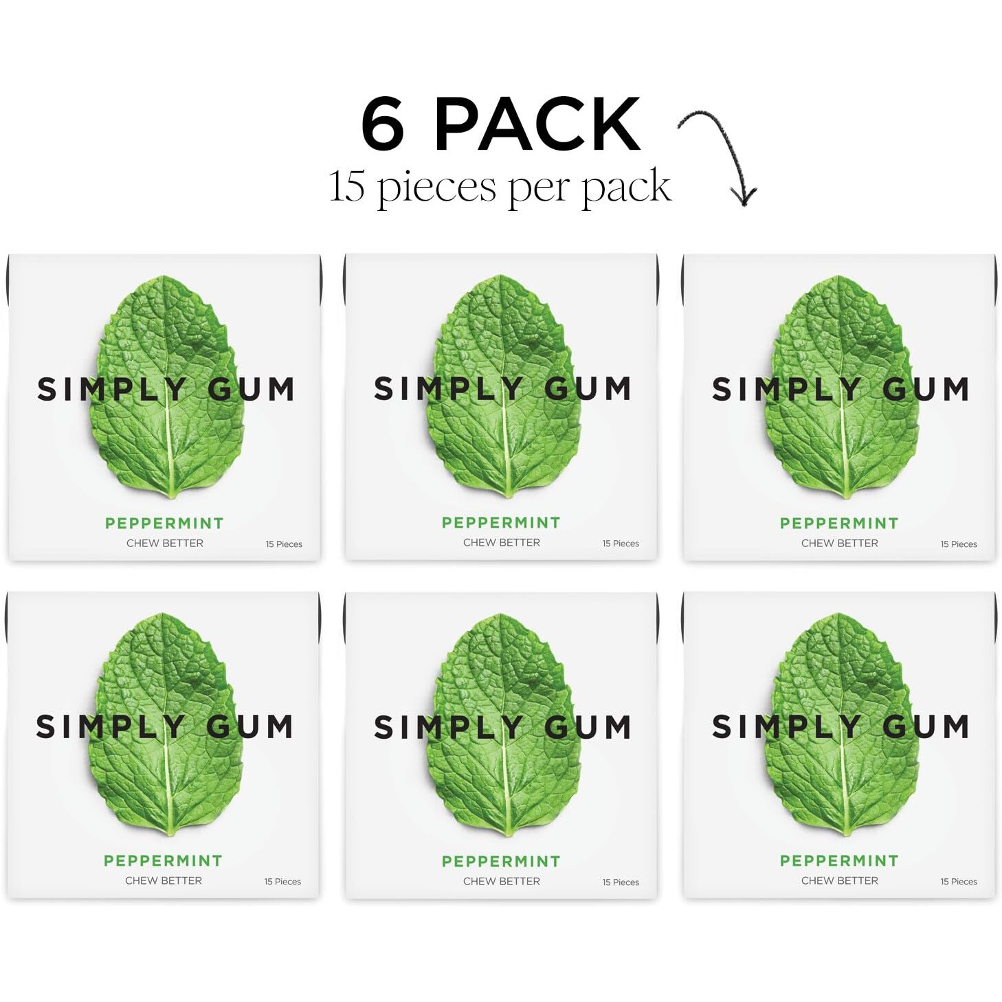 Simply Gum | Peppermint | Plant- Based Chewing Gum | Pack Of Six (90 Pieces Total) | Synthetic Free + Aspartame Free + Non Gmo
