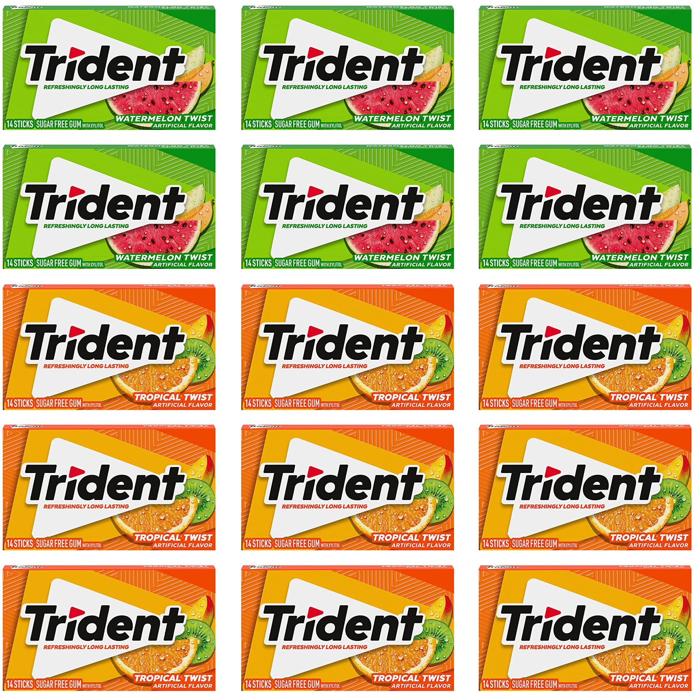 Trident Sugar Free Gum Variety Pack, Watermelon Twist & Tropical Twist Flavors, 15 Packs Of 14 Pieces (210 Total Pieces)