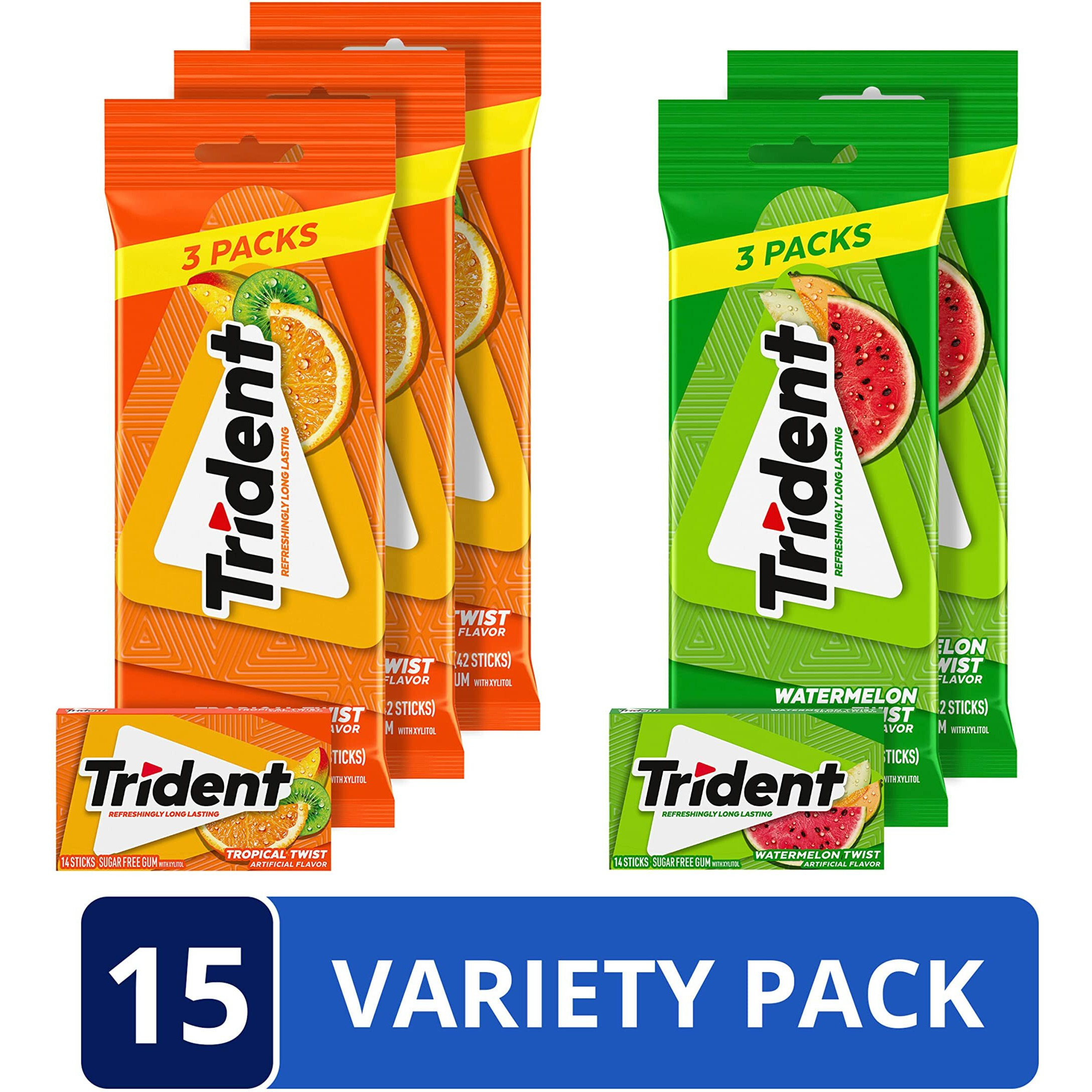 Trident Sugar Free Gum Variety Pack, Watermelon Twist & Tropical Twist Flavors, 15 Packs Of 14 Pieces (210 Total Pieces)