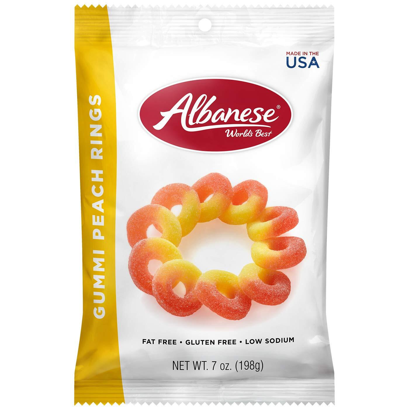 Albanese World's Best Gummi Peach Rings, 7Oz Bag Of Candy (Pack Of 12), Individually Wrapped Soft & Chewy Candy Snacks