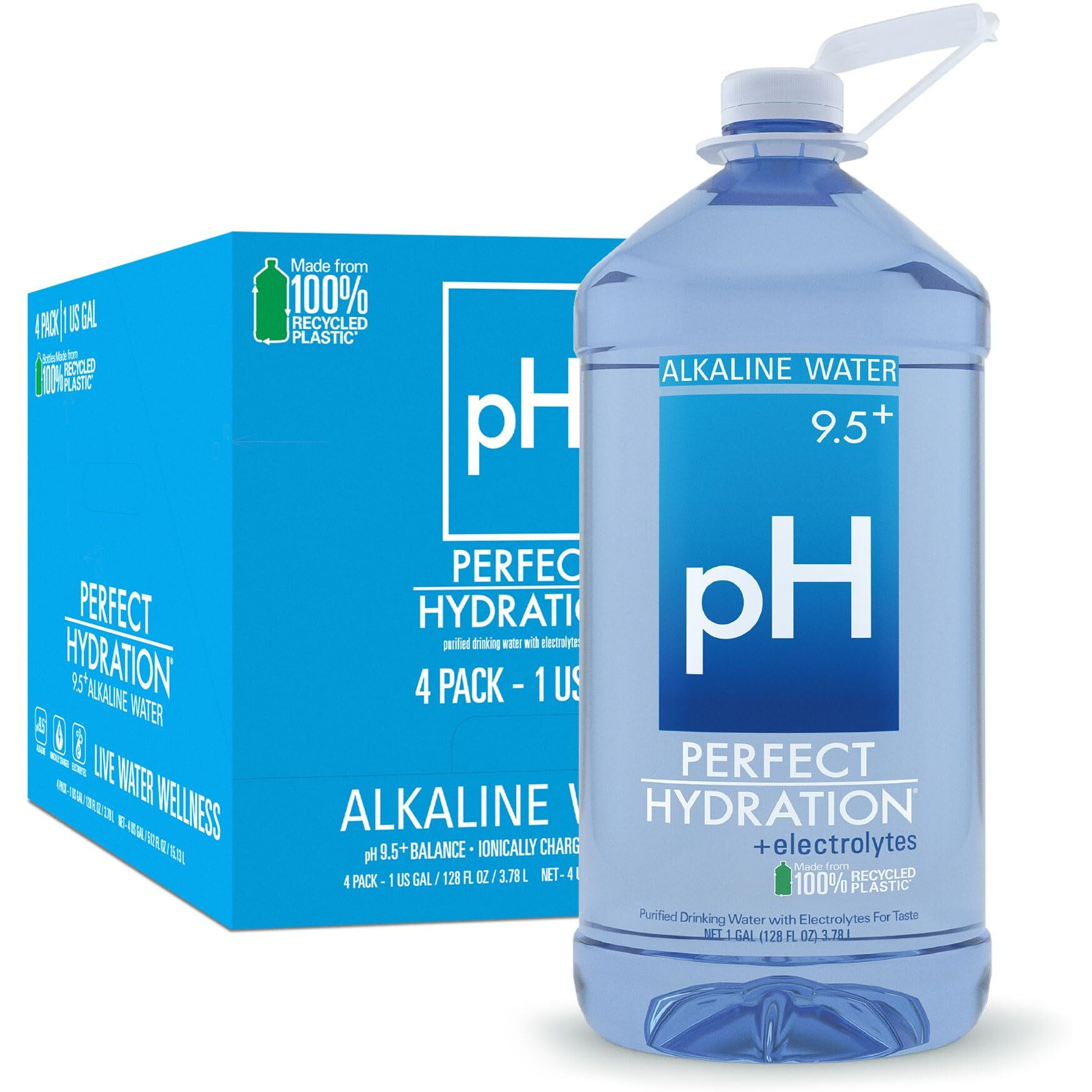 Perfect Hydration 9.5+ Ph Alkaline Drinking Water, Electrolyte Minerals For Taste, 1 Gallon (128 Fl Oz) Jug, Case Of 4