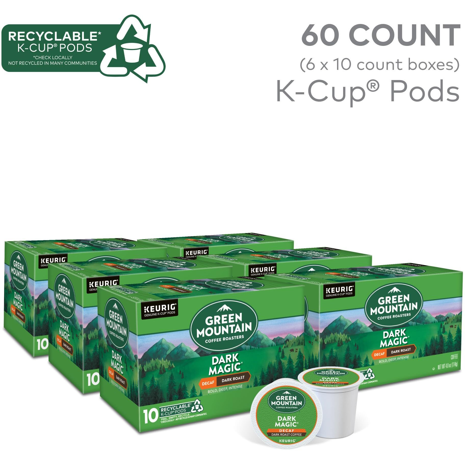 Green Mountain Coffee Dark Magic Decaf, Keurig Single Serve K-Cup Pods, Dark Roast Coffee, 60 Count, (6 Packs Of 10)