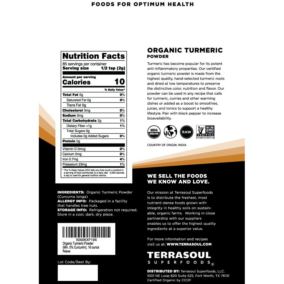 Terrasoul Superfoods Organic Turmeric Powder, 16 Oz  Curcumin - Lab Tested For Purity - Premium Quality - Great For Inflammation