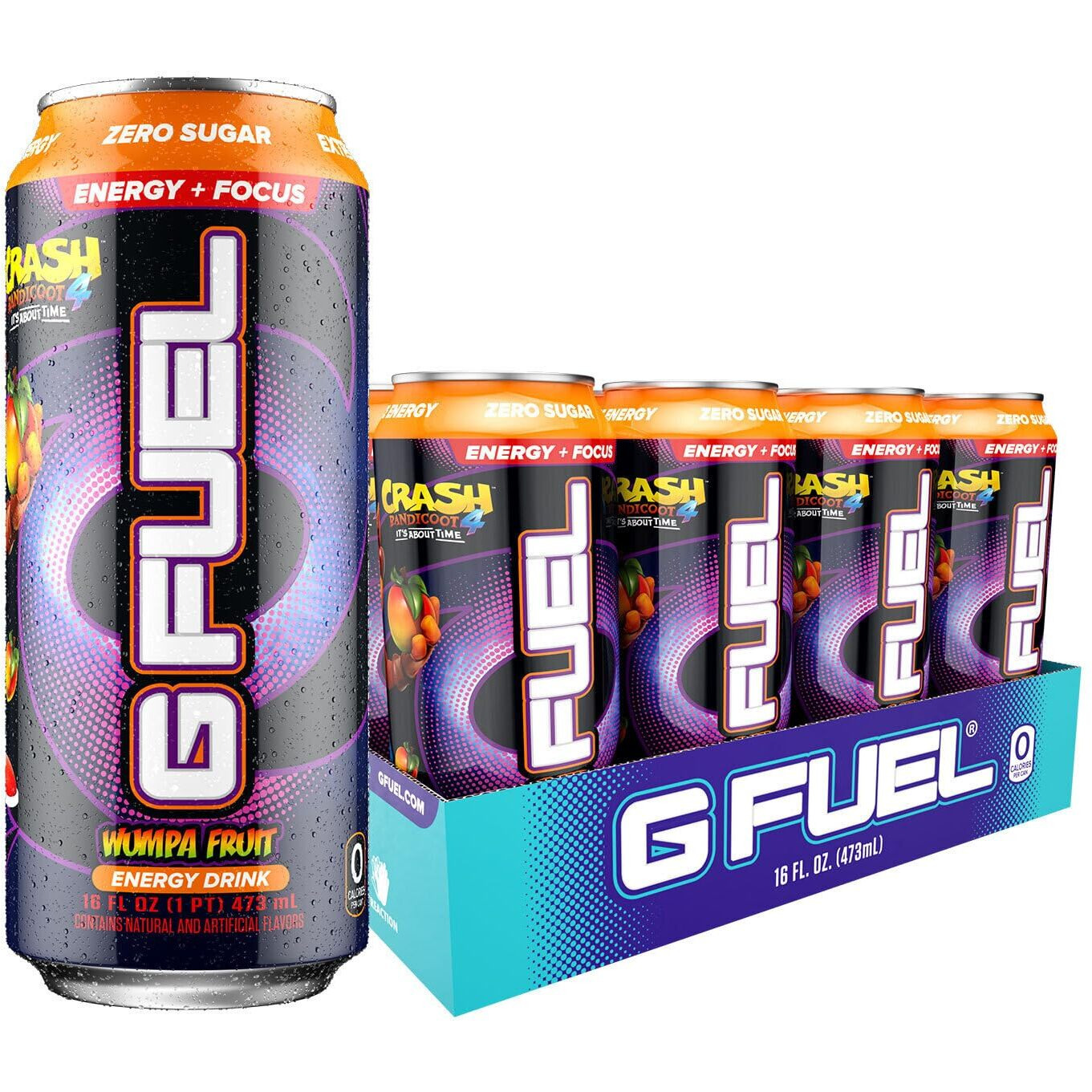 G Fuel Crash Bandicoot Energy Drink, Sugar Free, Healthy Drinks, Zero Calorie, 300 Mg Caffeine Per Carbonated Can, Wumpa Fruit Flavor, Focus Amino, Vitamin + Antioxidants Blend - 12 Pack