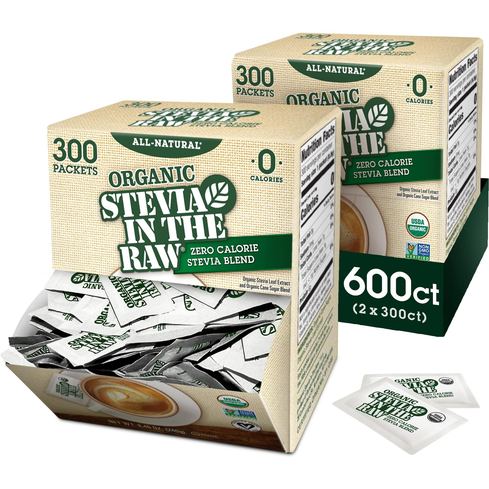 Stevia In The Raw Organic Stevia Sweetener Packets, 300 Ct Box, 2 Pack, Zero Calorie Stevia Sugar Substitute Packets, No Erythritol Or Artificial Flavors, Usda Organic, Non-Gmo Project Verified, Vegan