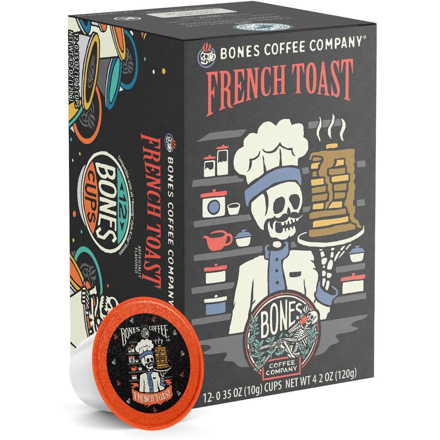 Bones Coffee Company Flavored Coffee Bones Cups French Toast | 12Ct Single-Serve Coffee Pods Compatible With 1.0 & 2.0 Keurig Coffee Maker | Sweet Buttery Flavor Aroma