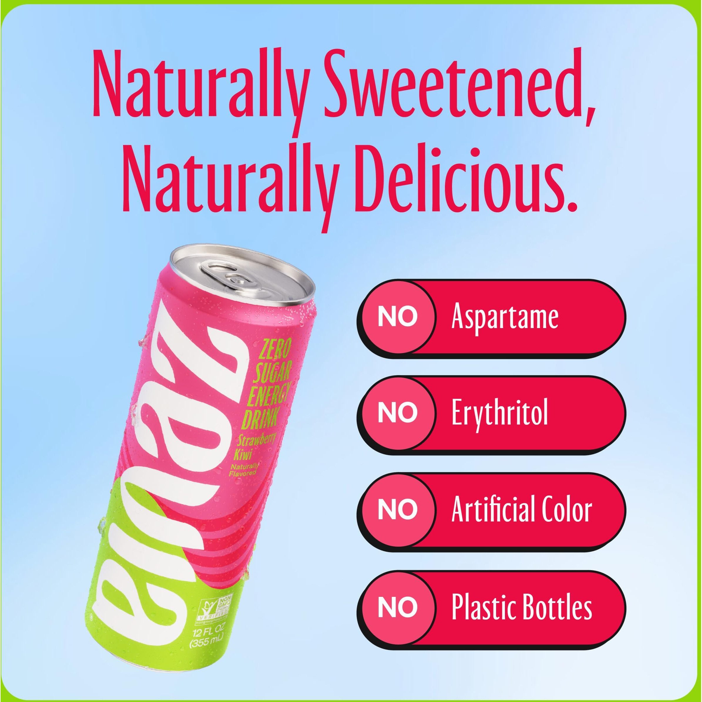 Zevia Zero Sugar, Strawberry Kiwi Energy Drink, 12 Fl Oz Cans (Pack Of 12)