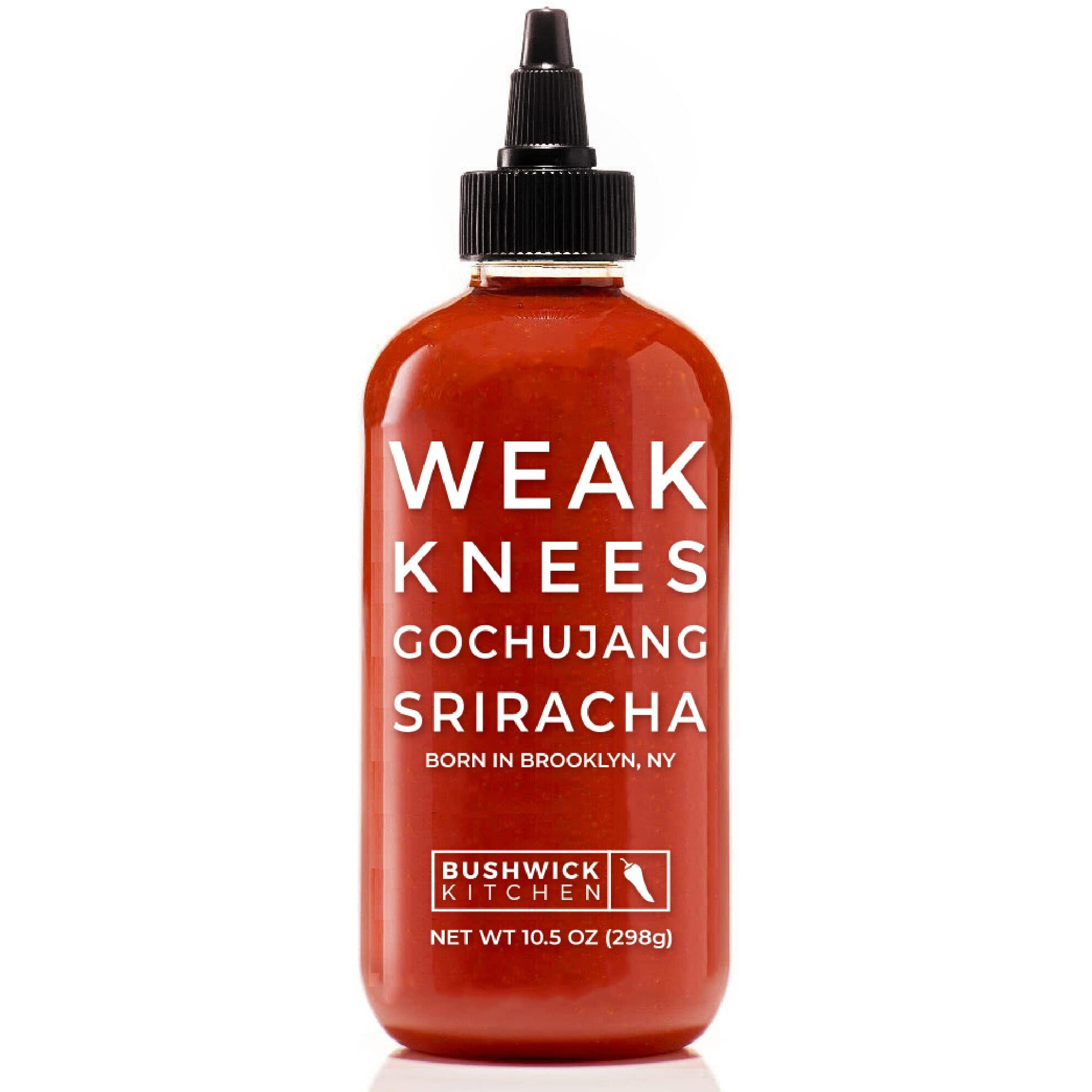 Weak Knees Gochujang Sriracha Hot Sauce, Sriracha Sauce 10.5Oz Easy Squeeze Bottle, Korean Gochujang Paste Infused Sriracha Chili Sauce, Vegan Hot Sauce, Unique Gifts For Men, Food Gifts