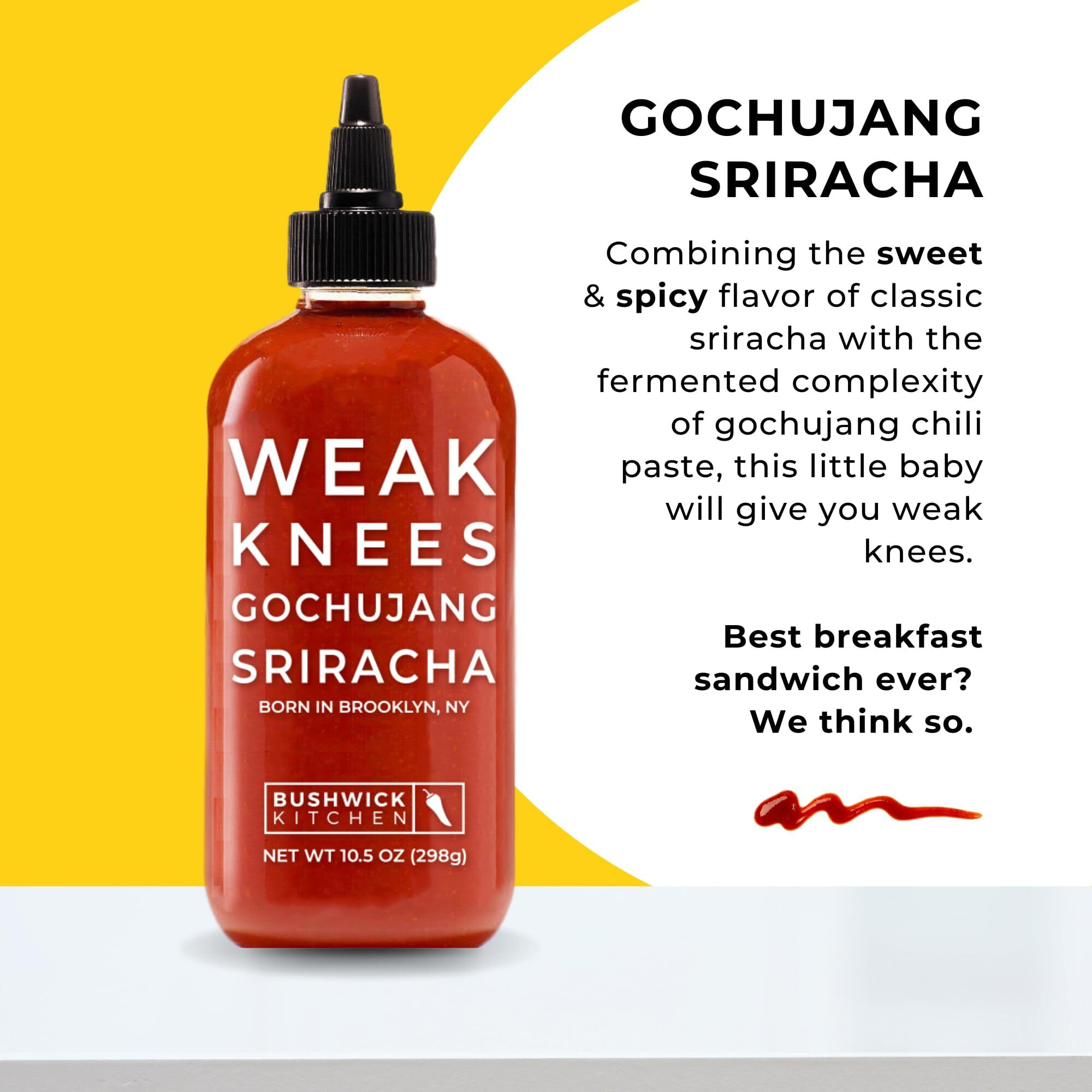 Weak Knees Gochujang Sriracha Hot Sauce, Sriracha Sauce 10.5Oz Easy Squeeze Bottle, Korean Gochujang Paste Infused Sriracha Chili Sauce, Vegan Hot Sauce, Unique Gifts For Men, Food Gifts
