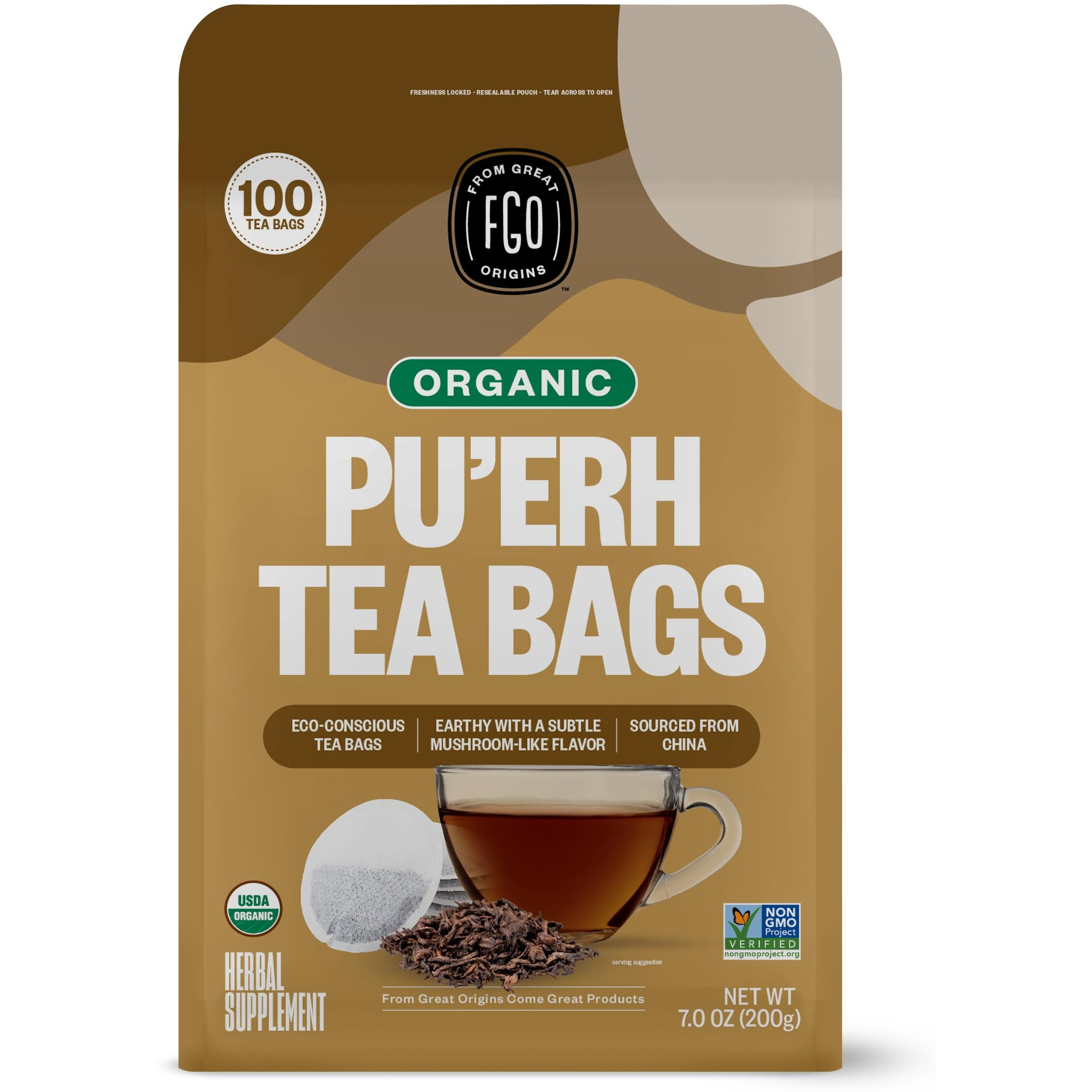 Fgo Organic Pu'Erh Tea, Eco-Conscious Tea Bags, 100 Count