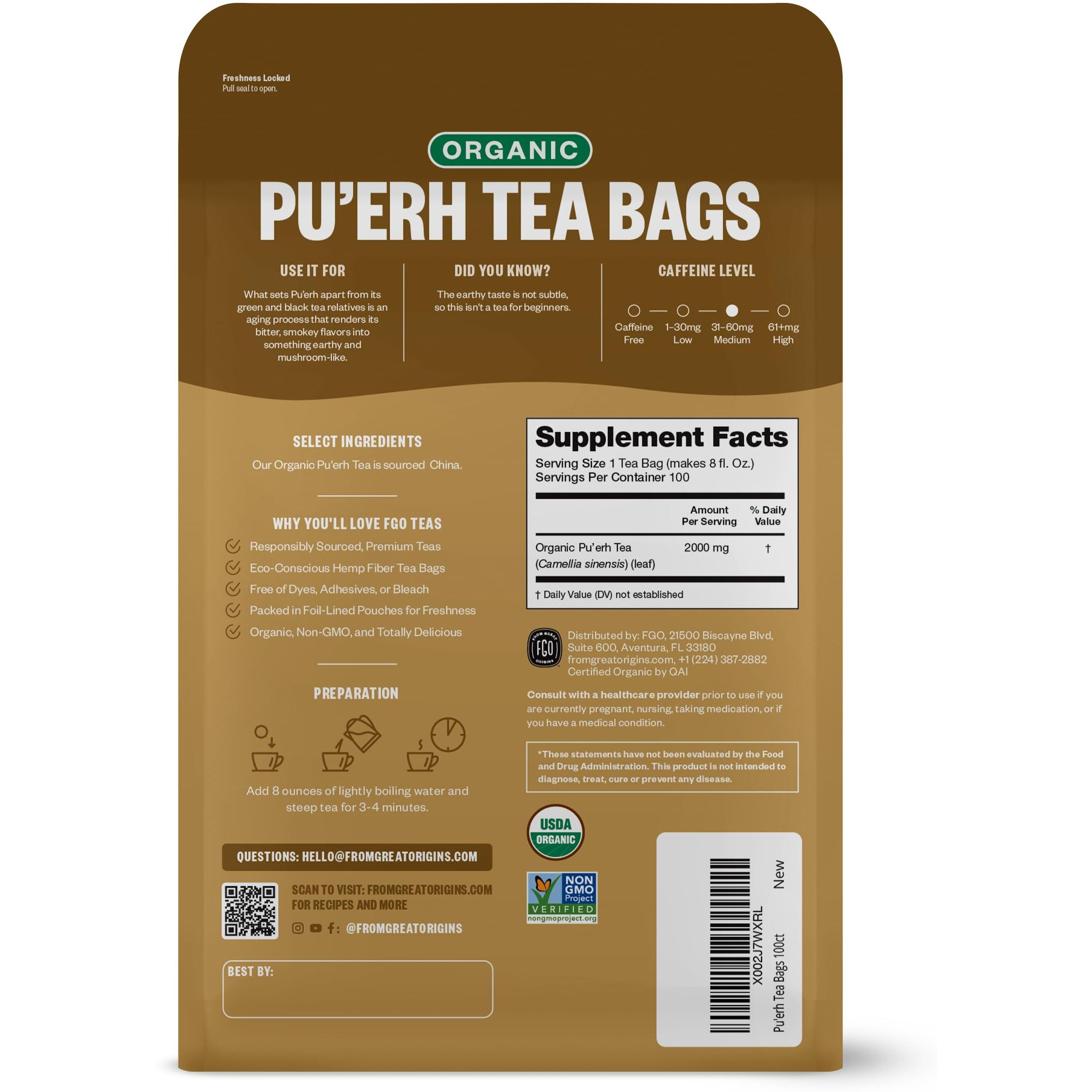 Fgo Organic Pu'Erh Tea, Eco-Conscious Tea Bags, 100 Count