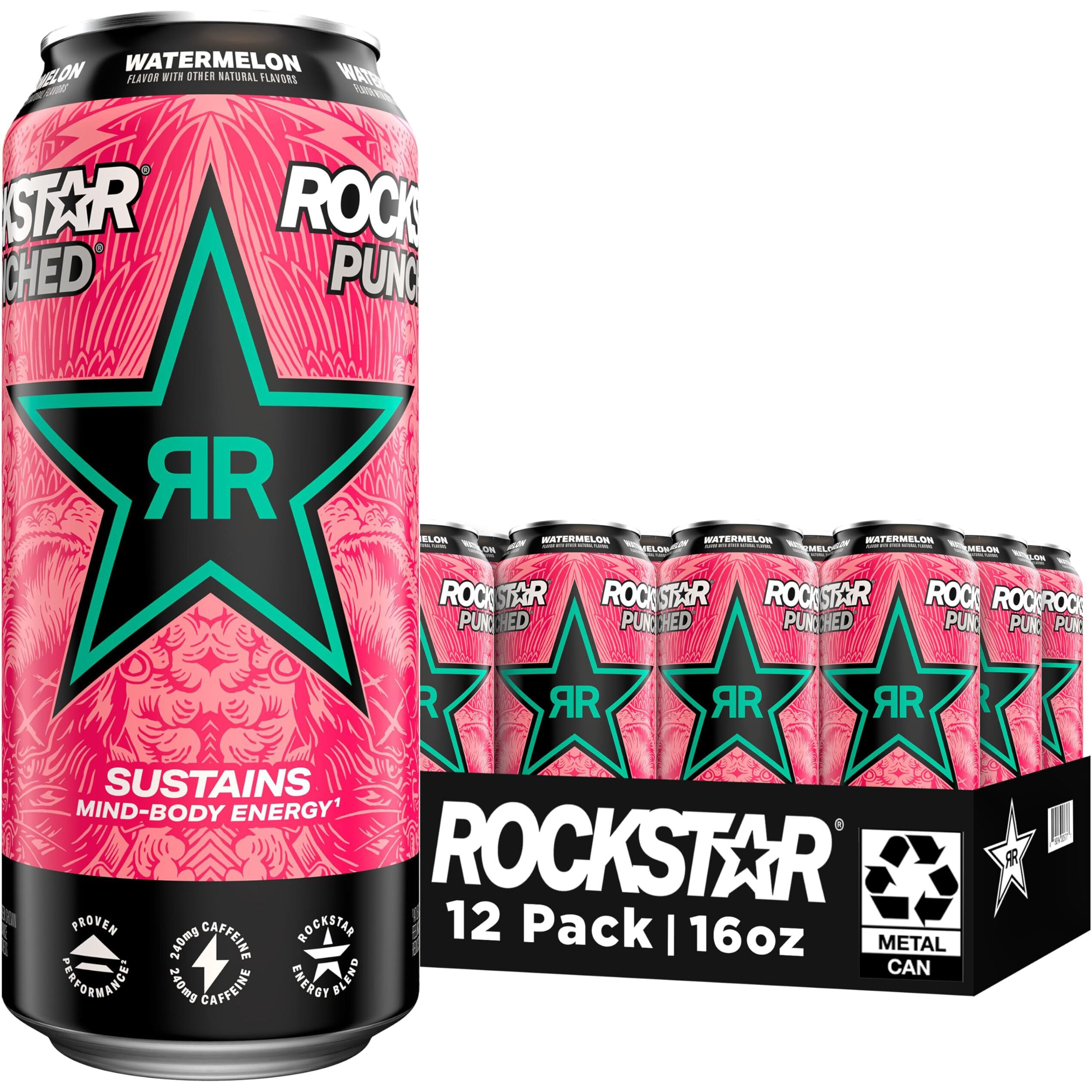 Rockstar Energy Drink Punched Watermelon, 16Oz Cans (12 Pack) (Packaging May Vary)