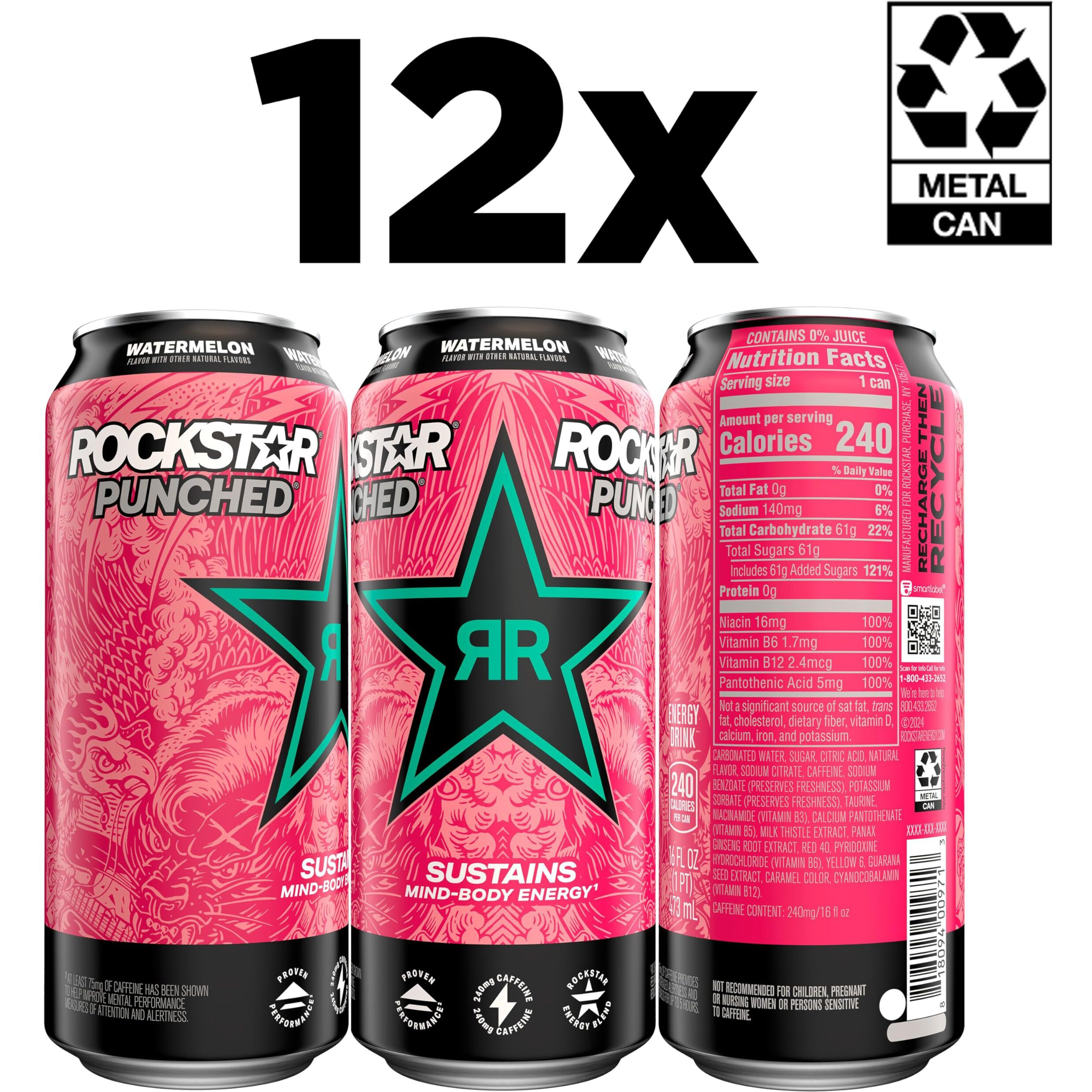 Rockstar Energy Drink Punched Watermelon, 16Oz Cans (12 Pack) (Packaging May Vary)