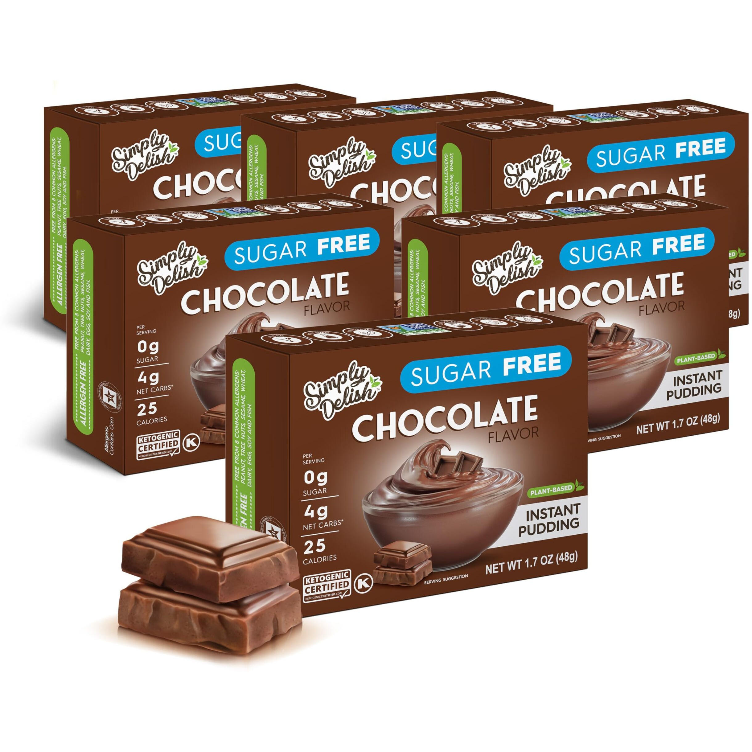 Simply Delish Instant Chocolate Pudding Mix - Plant Based Guilt Free Desserts - All Natural, Sugar Free, Non Gmo, Gluten Free, Fat Free, Vegan, Keto Friendly - 1.7 Ounce (Pack Of 6)