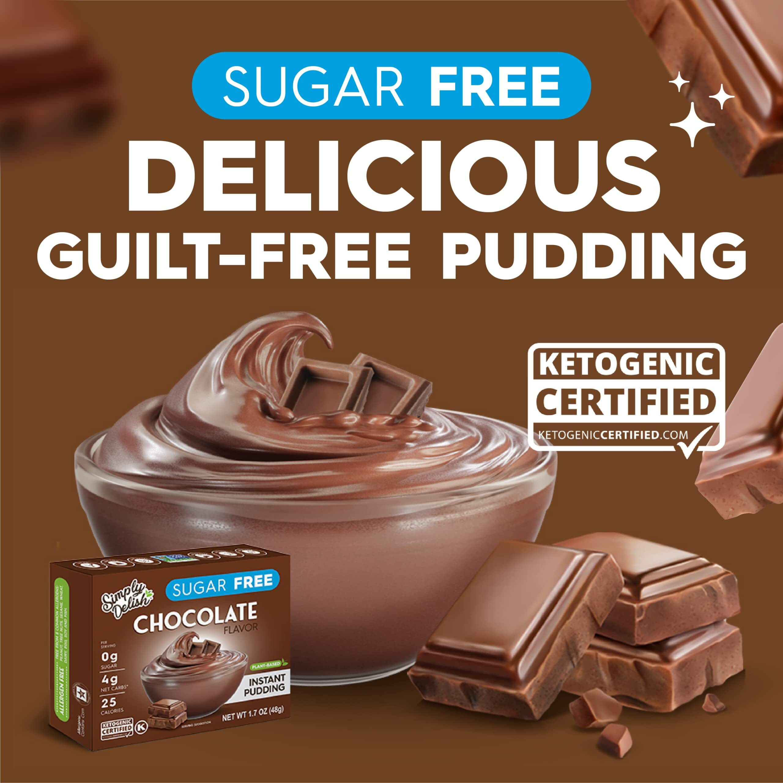 Simply Delish Instant Chocolate Pudding Mix - Plant Based Guilt Free Desserts - All Natural, Sugar Free, Non Gmo, Gluten Free, Fat Free, Vegan, Keto Friendly - 1.7 Ounce (Pack Of 6)