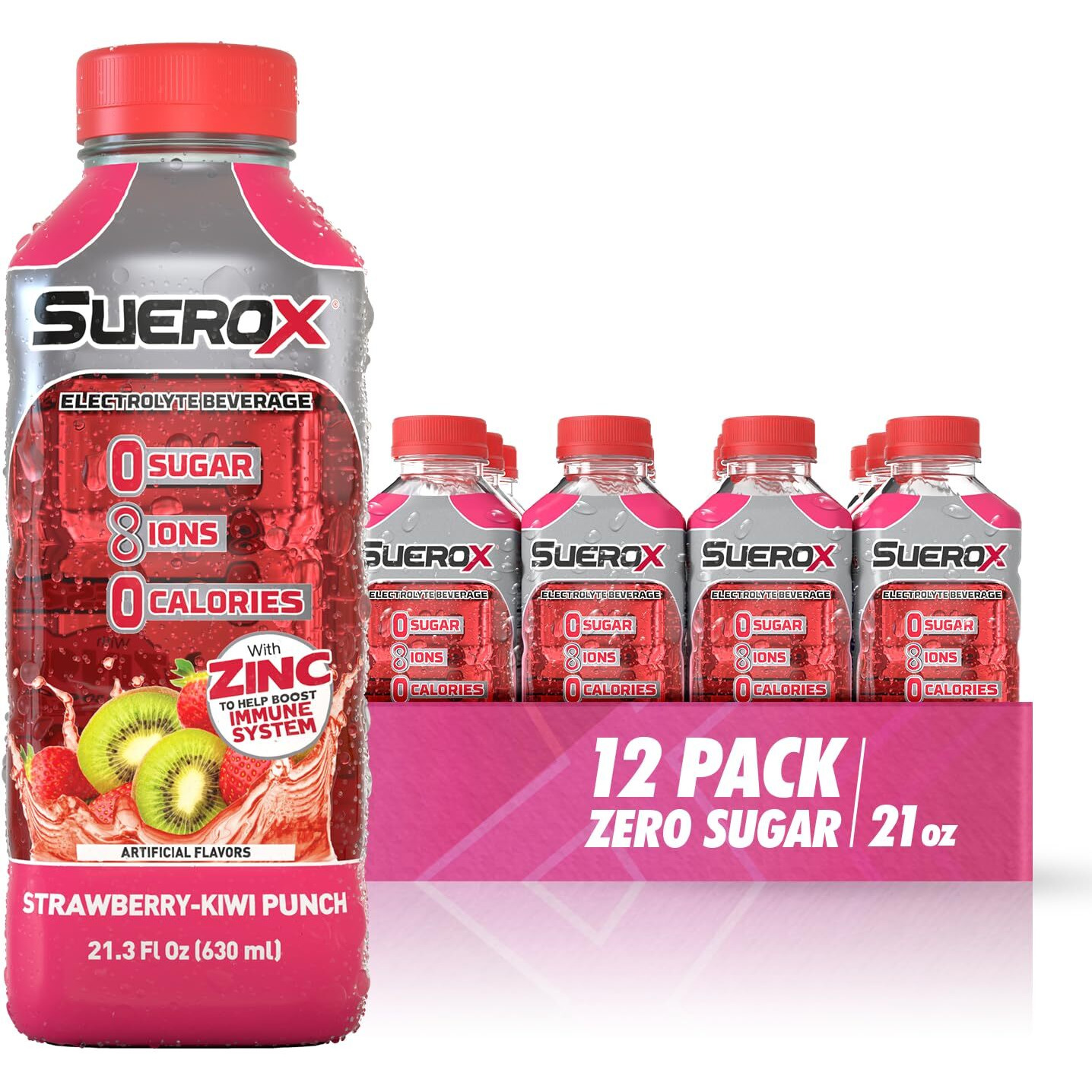 Suerox Zero Sugar Electrolyte Drink For Hydration And Recovery, Unique Blend Of Electrolytes & 8 Ions, Zero Calorie Sports Drink, 21.3 Fl Oz, Strawberry-Kiwi Punch, 12 Count
