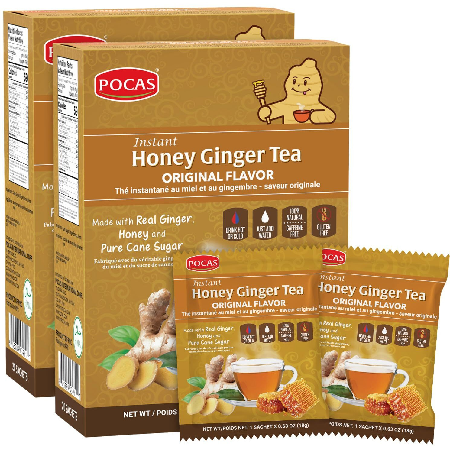 Pocas Honey Ginger Tea - Instant Tea Powder Packets With Ginger Honey Crystals Tea, Non-Gmo/Gluten Free/Caffeine Free, 20 Count (Pack Of 2)