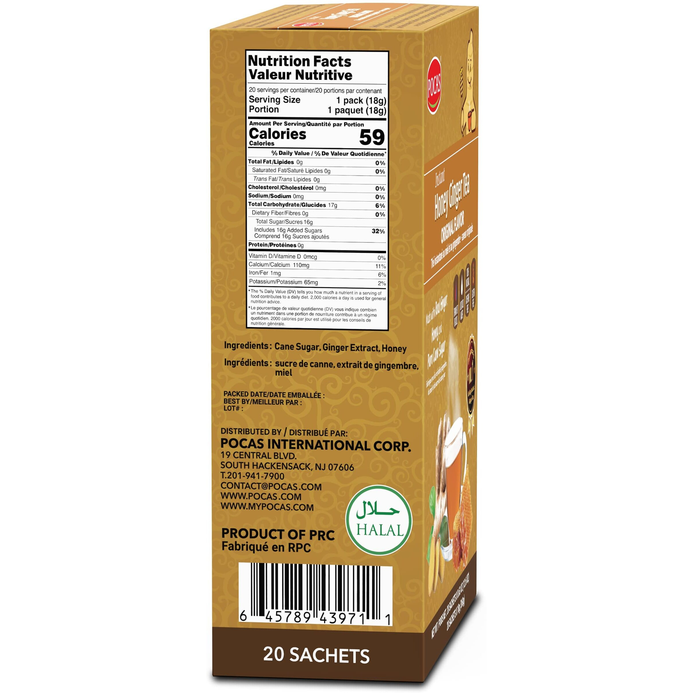 Pocas Honey Ginger Tea - Instant Tea Powder Packets With Ginger Honey Crystals Tea, Non-Gmo/Gluten Free/Caffeine Free, 20 Count (Pack Of 2)