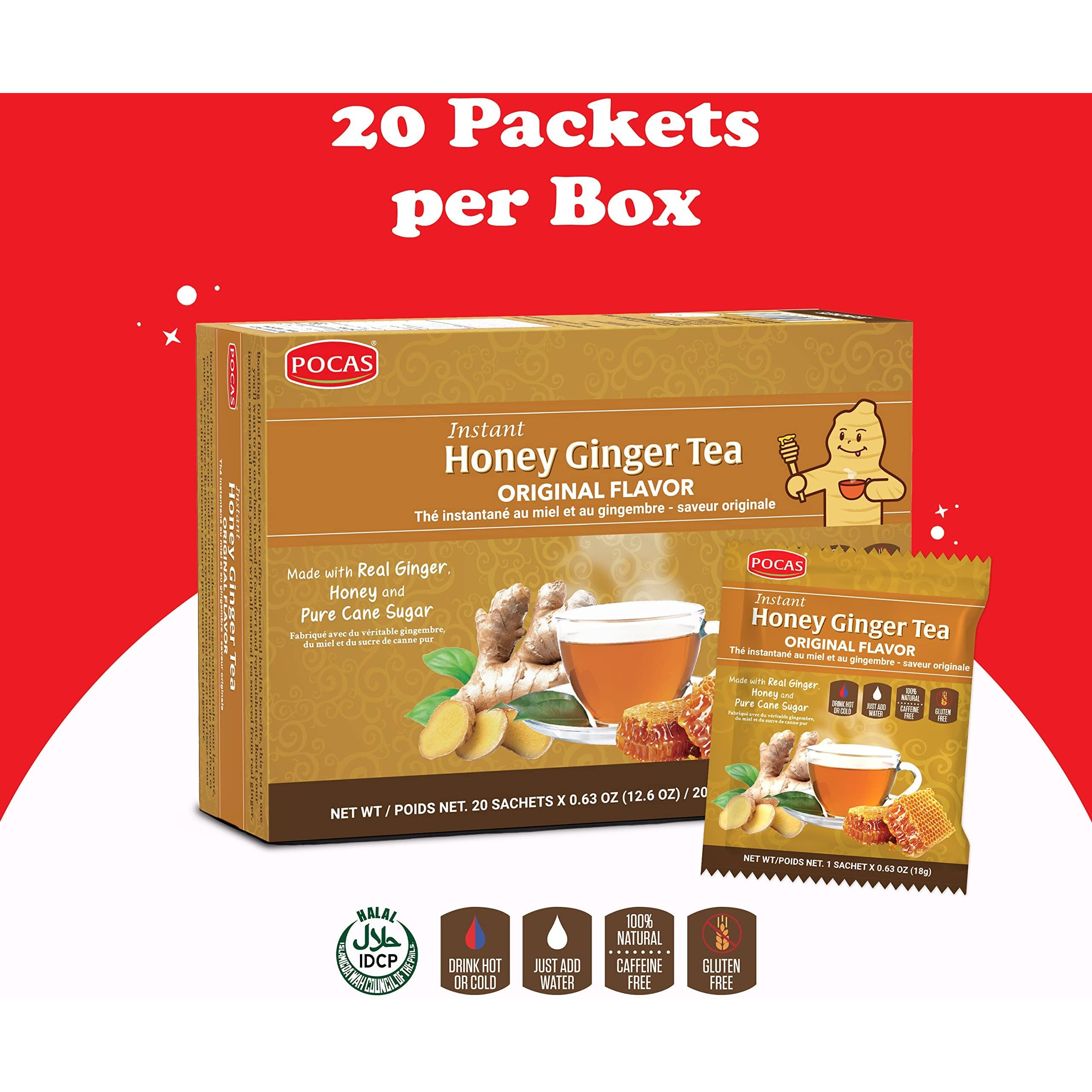 Pocas Honey Ginger Tea - Instant Tea Powder Packets With Ginger Honey Crystals Tea, Non-Gmo/Gluten Free/Caffeine Free, 20 Count (Pack Of 2)