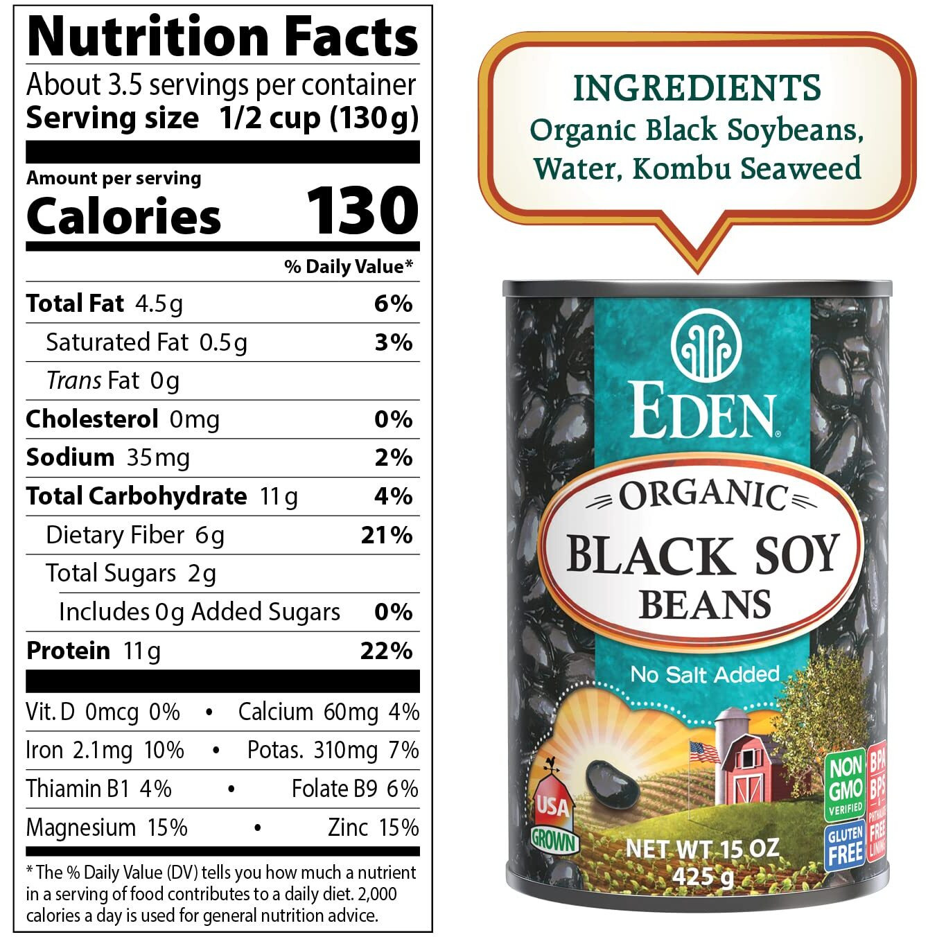 Eden Organic Black Soybeans, 15 Oz Can (6-Pack), Complete Protein, No Salt Added, Non-Gmo, Gluten Free, U.S. Grown, Heat And Serve, Macrobiotic, Soy Beans