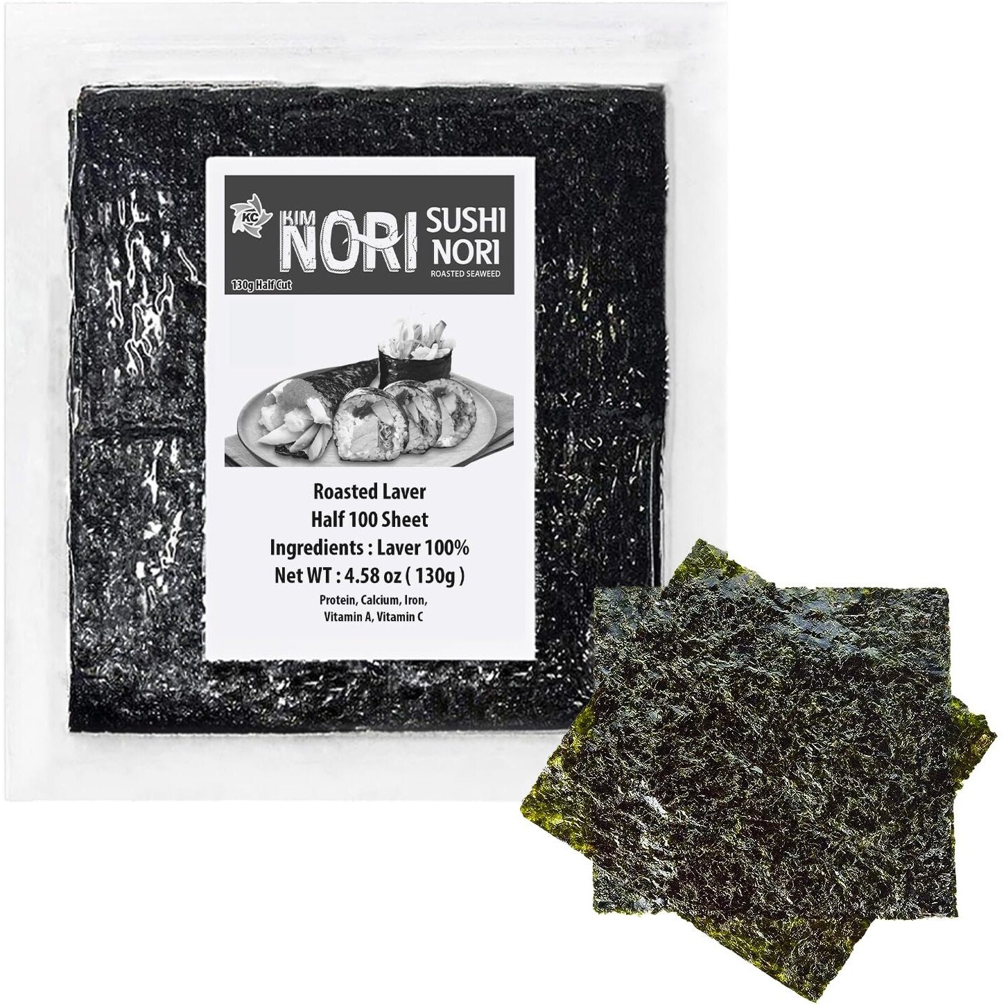 Kimnori Sushi Nori Seaweed Sheets - 100 Half Cut Size Yaki Roasted Rolls Wraps Resealable Bag 100% Natural Laver Fresh Premium Restaurant Quality 130 Gram 4.58 Ounce