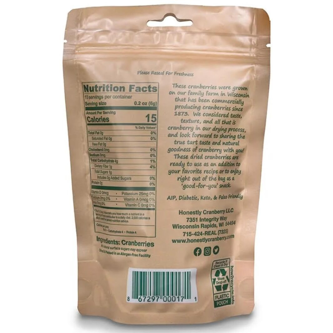 Honestly Cranberry - Unsweetened Dried Cranberries - No Added Sugars, Juices, Or Oils - Non-Gmo - Wisconsin Grown (3 Oz)