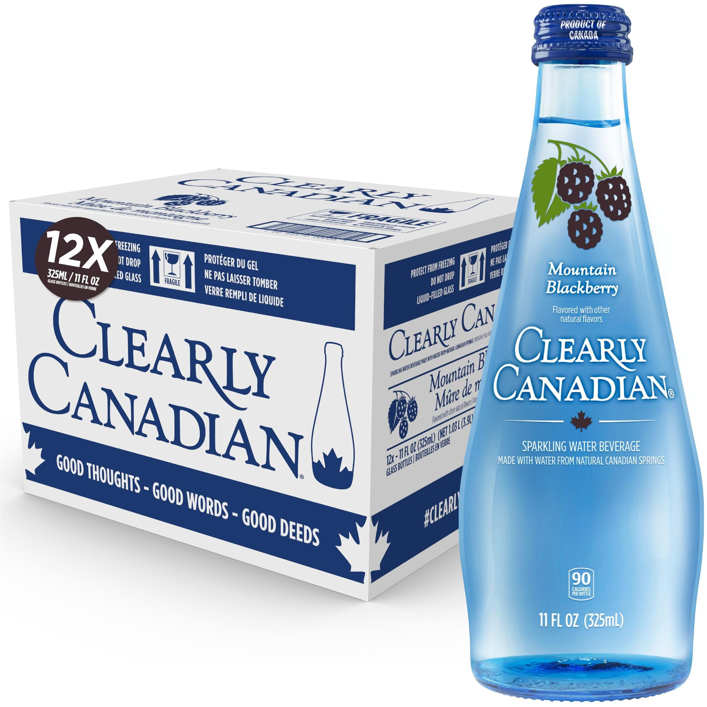 Clearly Canadian Mountain Blackberry Sparkling Spring Water Beverage, Natural & Carbonated, Flavored Seltzer Water, 1 Case (12 Bottles X 325Ml)