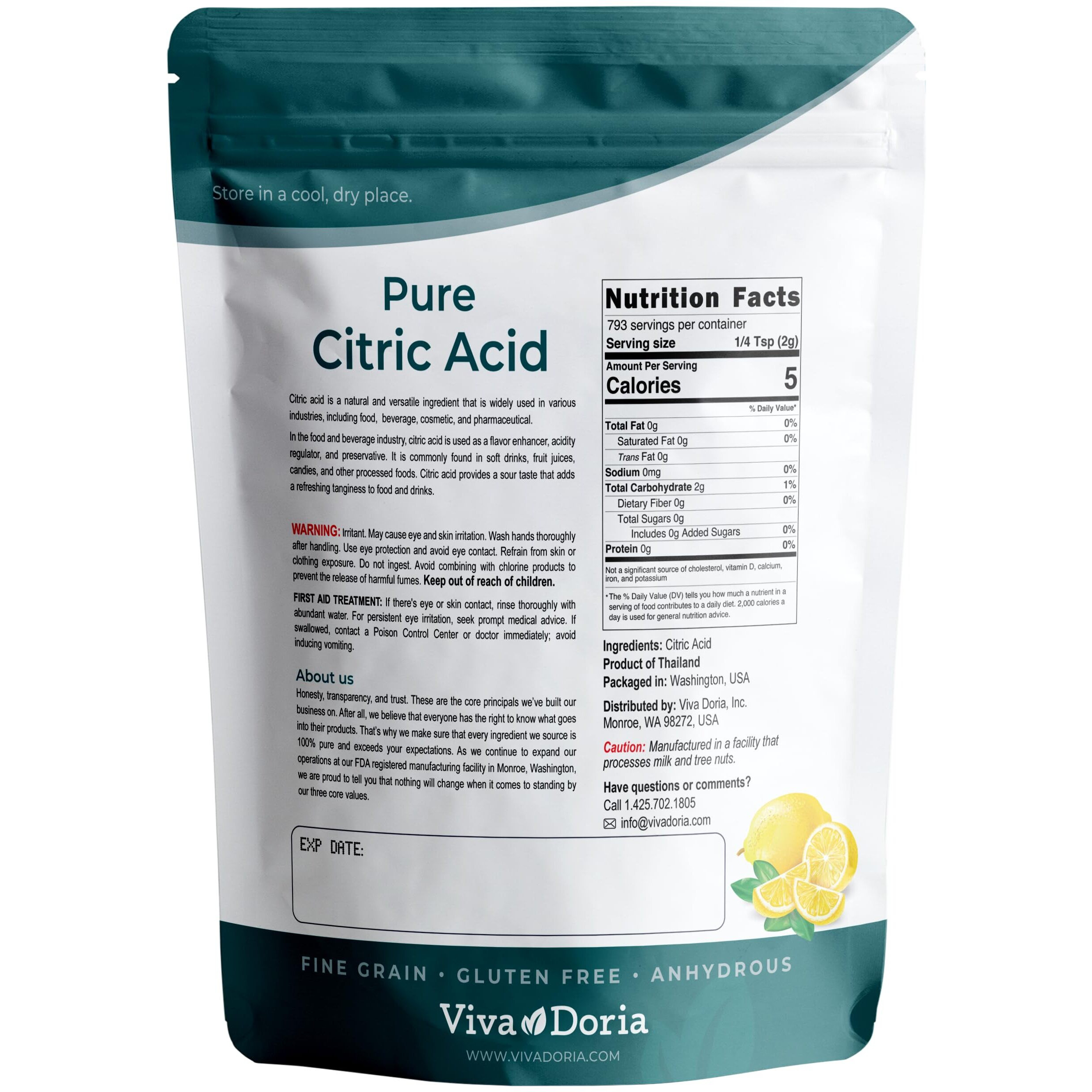 Viva Doria 100% Pure Citric Acid, Food Grade, Fine Grain, 3.5 Lb (1.59 Kg)
