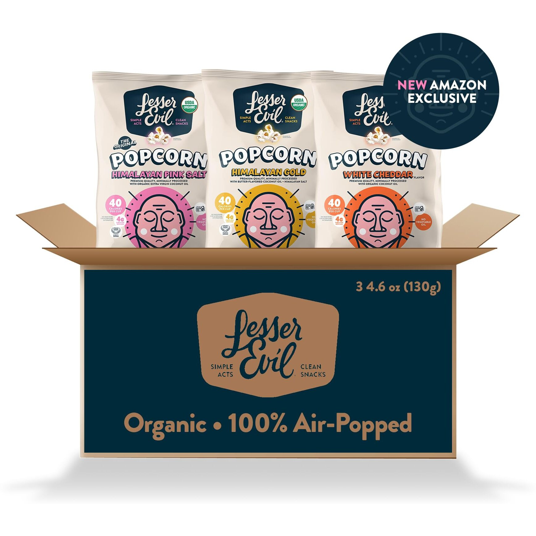 Lesserevil Organic Popcorn Variety Pack, Himalayan Pink Salt (4.6 Oz Bag), Himalayan Gold (4.6 Oz Bag), And White Cheddar Flavor (4.6Oz Bag)