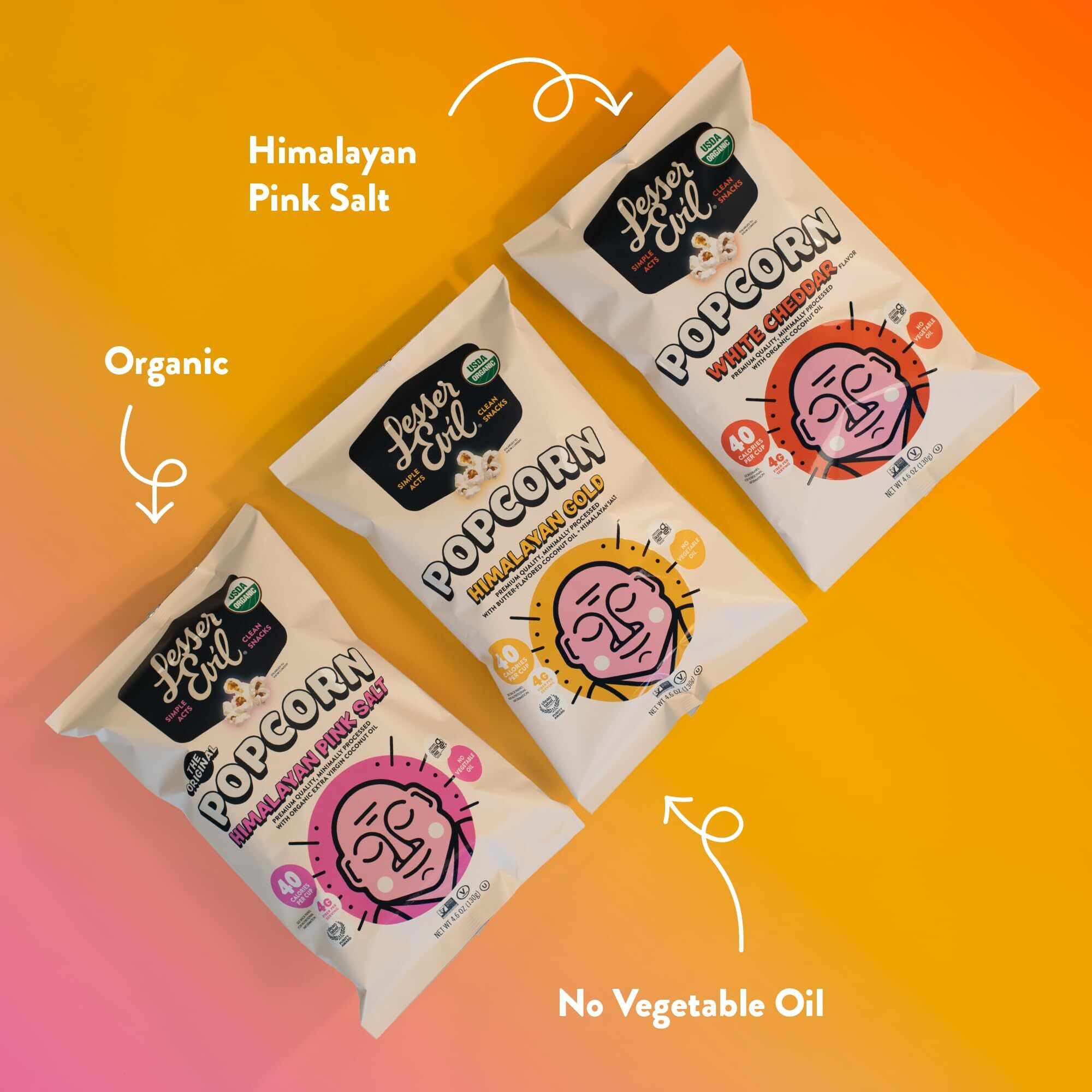Lesserevil Organic Popcorn Variety Pack, Himalayan Pink Salt (4.6 Oz Bag), Himalayan Gold (4.6 Oz Bag), And White Cheddar Flavor (4.6Oz Bag)