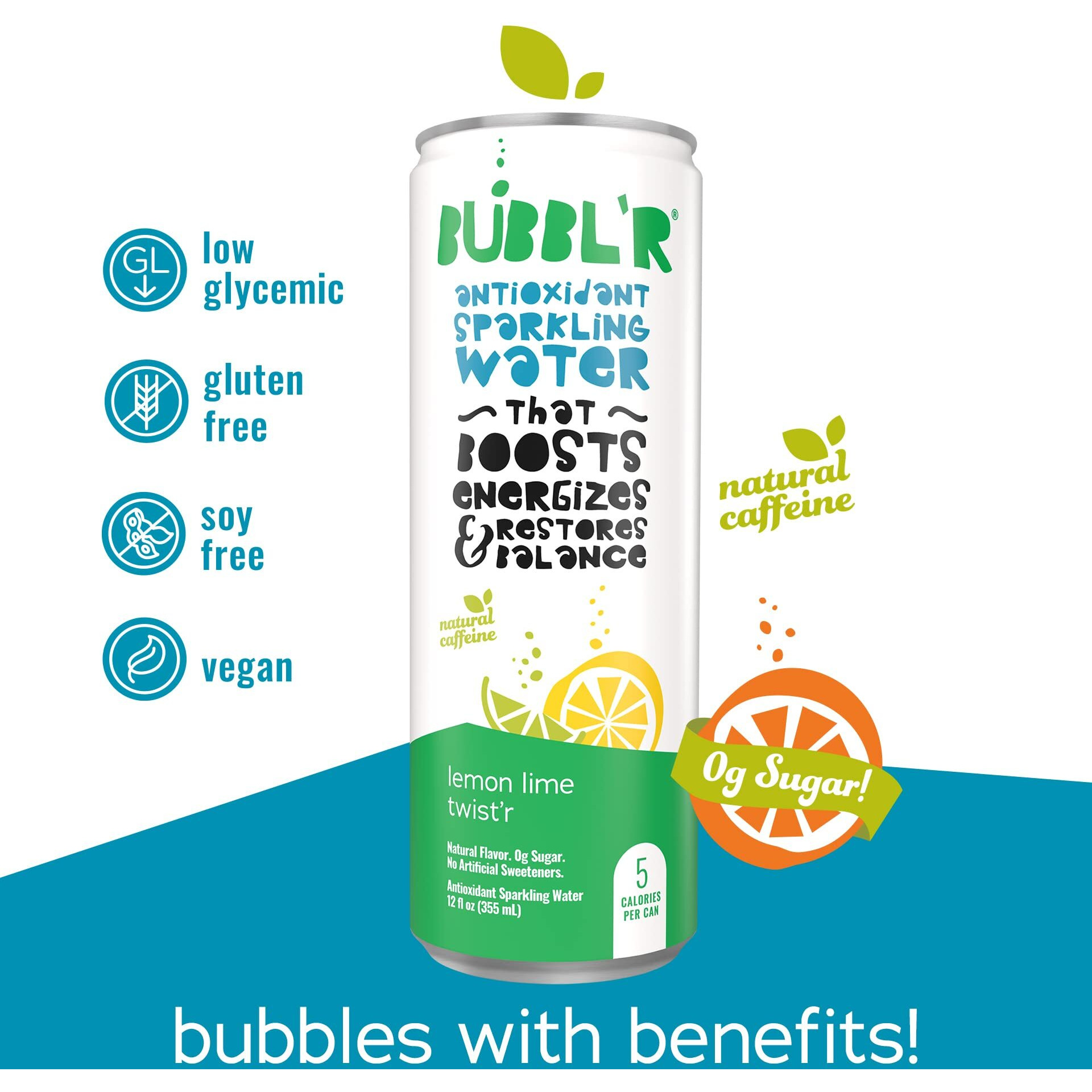 Bubbl'R Lemon Lime Twist'R, Antioxidant Sparkling Water With Natural Caffeine, 0G Sugar, Gluten Free, All Natural Flavors, 12 Fl Oz Cans, 12 Count