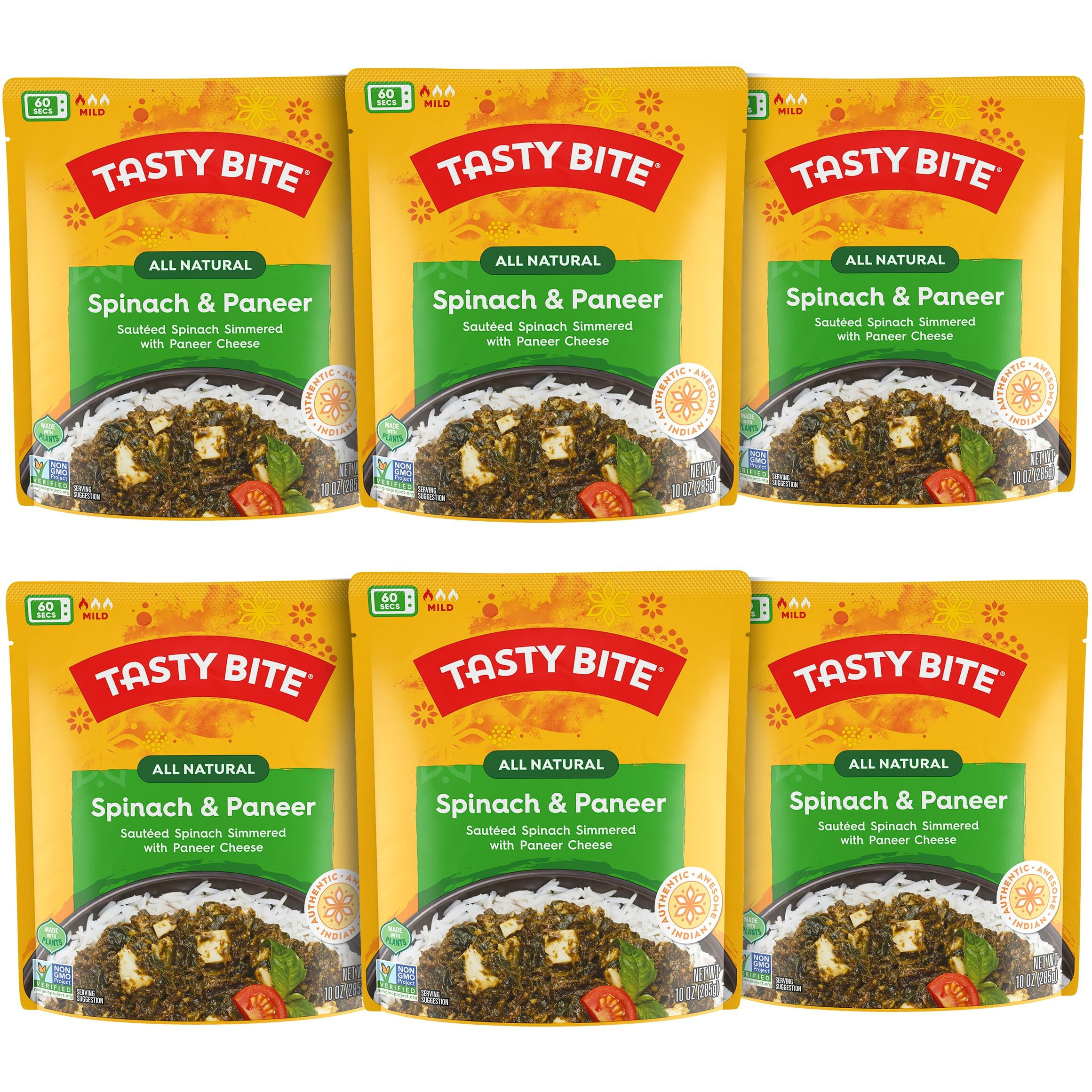 Tasty Bite Kashmir Spinach, Ready To Eat, 10 Ounce, Pack Of 6, Microwavable Entr  E In Light Curry Sauce, Vegetarian (Packaging May Vary)
