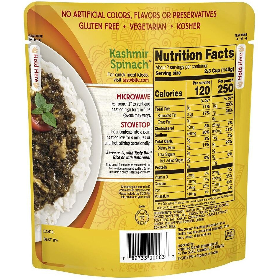 Tasty Bite Kashmir Spinach, Ready To Eat, 10 Ounce, Pack Of 6, Microwavable Entr  E In Light Curry Sauce, Vegetarian (Packaging May Vary)
