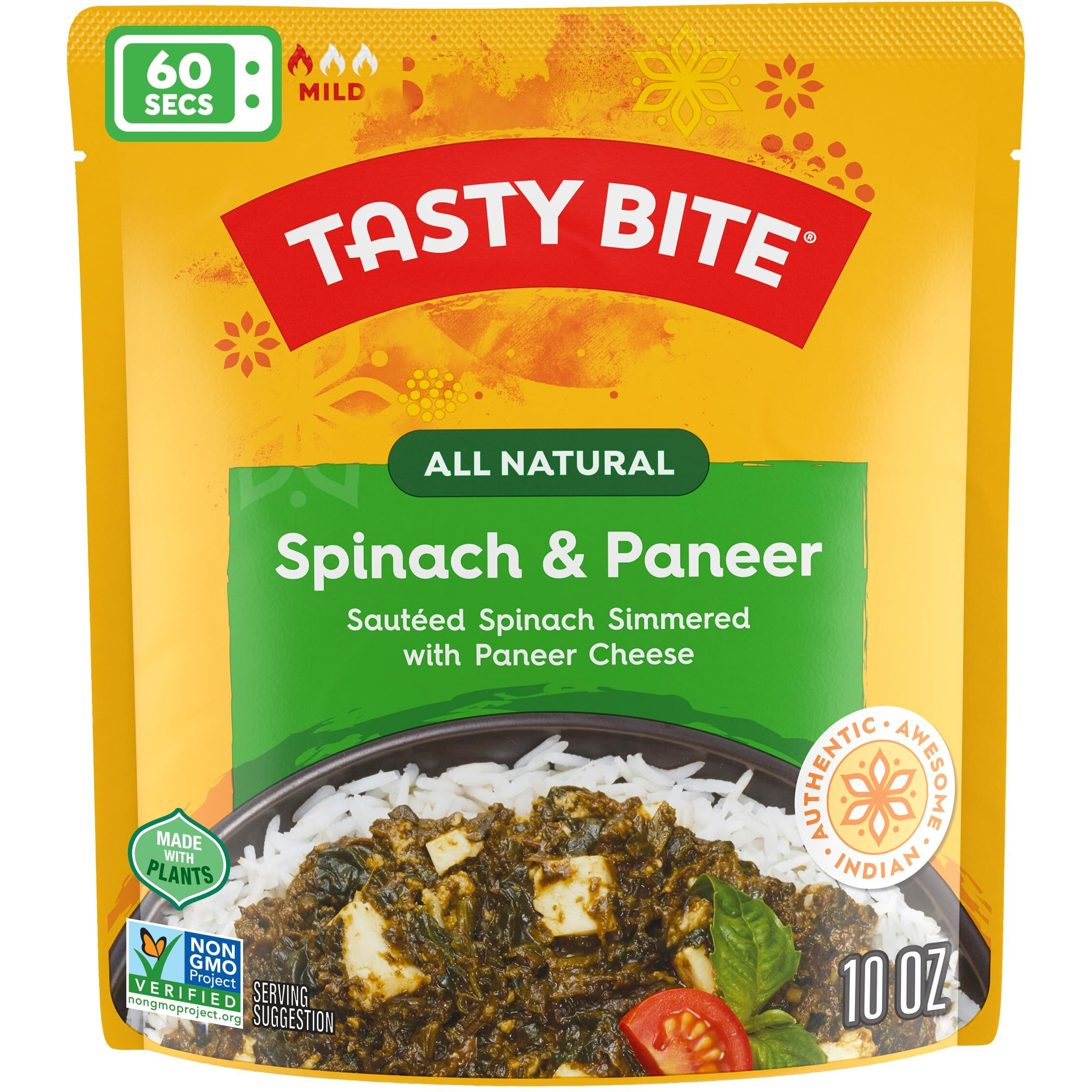 Tasty Bite Kashmir Spinach, Ready To Eat, 10 Ounce, Pack Of 6, Microwavable Entr  E In Light Curry Sauce, Vegetarian (Packaging May Vary)