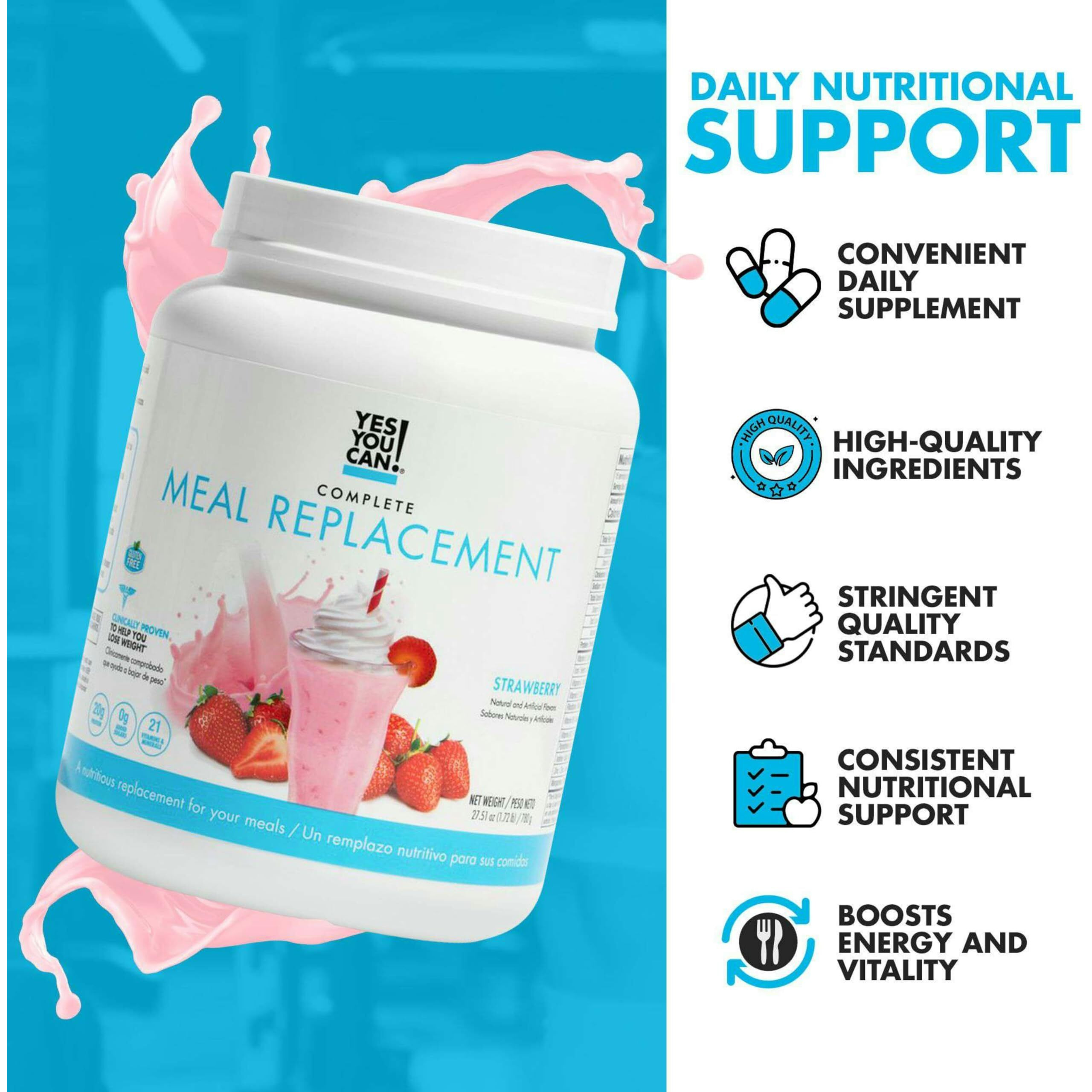 Yes You Can Complete Meal Replacement - 15 Servings (2 Pack), 20G Of Protein, 0G Added Sugars, 22 Vitamins And Minerals - All-In-One Nutritious Meal Replacement Shake (Strawberry)