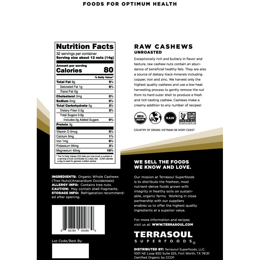 Terrasoul Superfoods Organic Raw Cashews, 16 Oz, Premium Quality For Snacking, Baking, And Culinary Creations