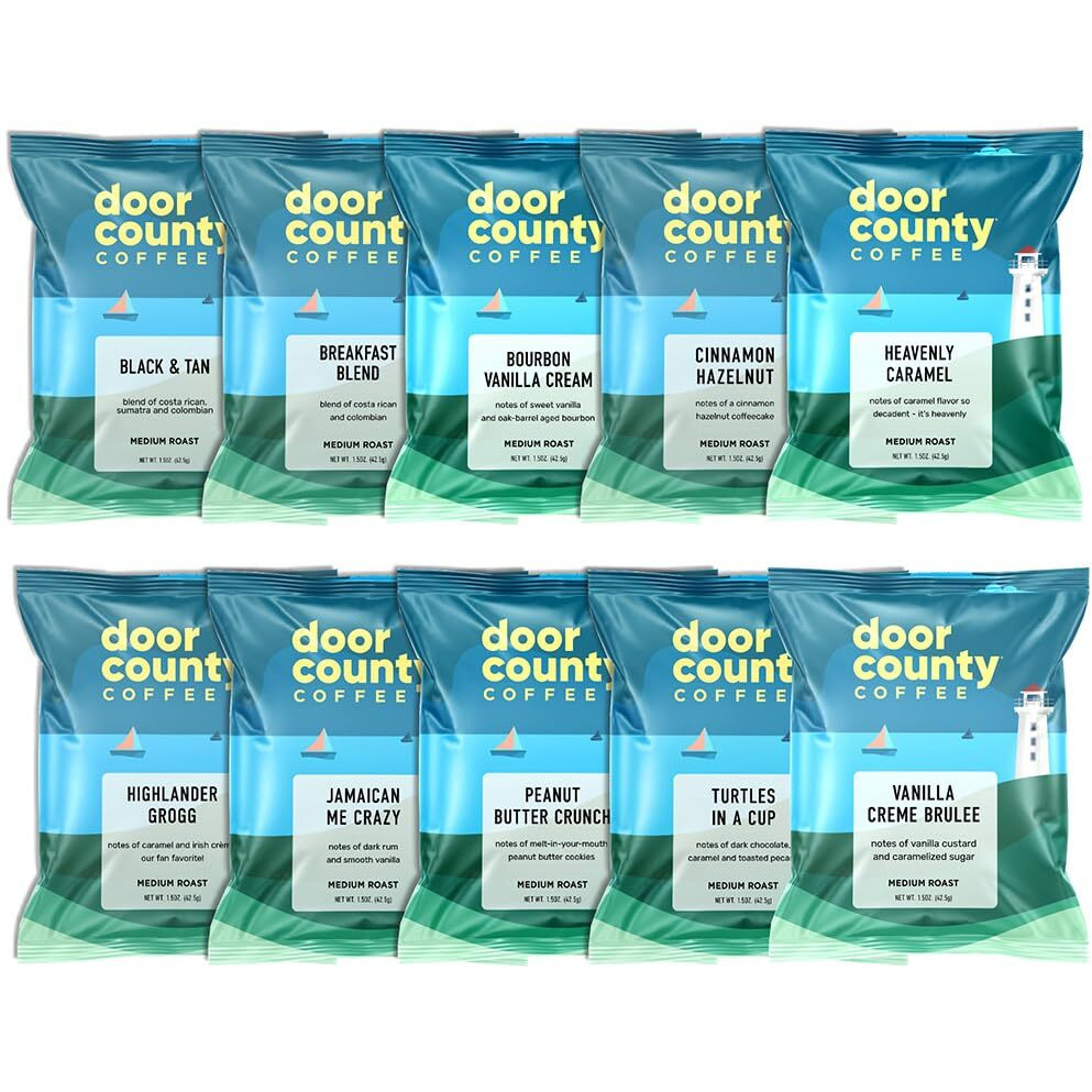 Gourmet Flavored Coffee Sampler Pack - 10 Bags Of Unique Flavored Coffees - Roasted By Door County Coffee