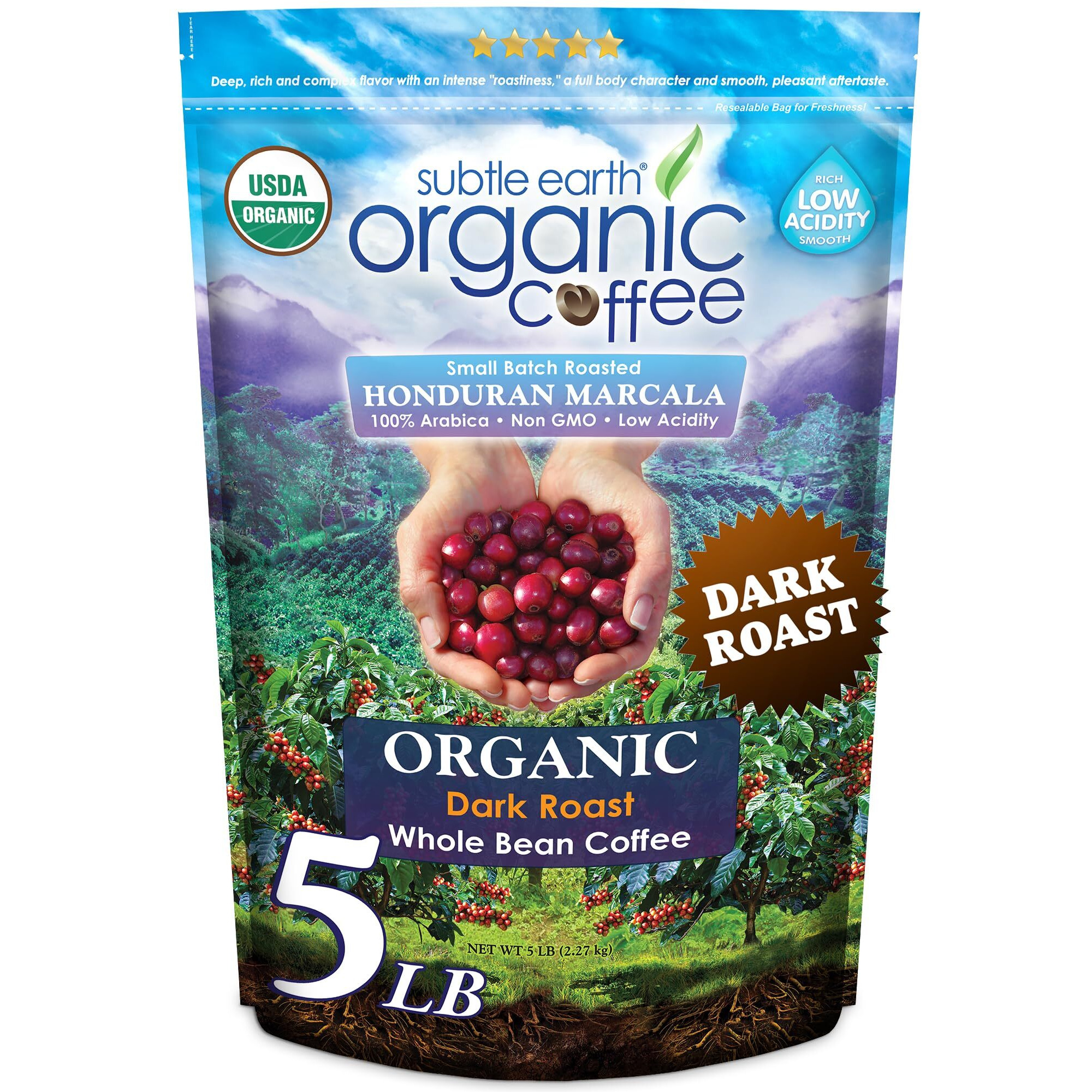 Subtle Earth Organic Coffee - Dark Roast - Whole Bean Coffee - 100% Arabica Beans - Low Acidity And Non-Gmo - 5Lb Bag