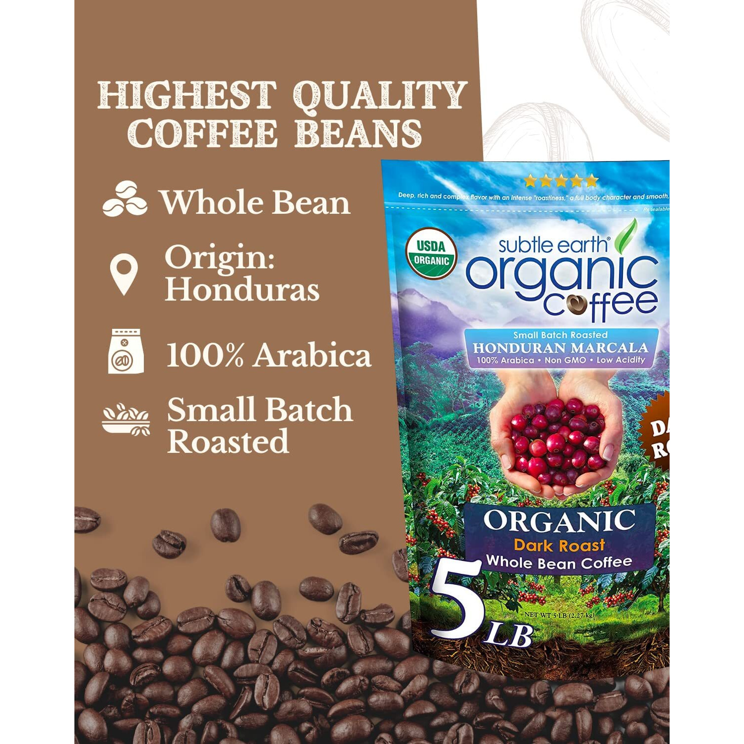 Subtle Earth Organic Coffee - Dark Roast - Whole Bean Coffee - 100% Arabica Beans - Low Acidity And Non-Gmo - 5Lb Bag