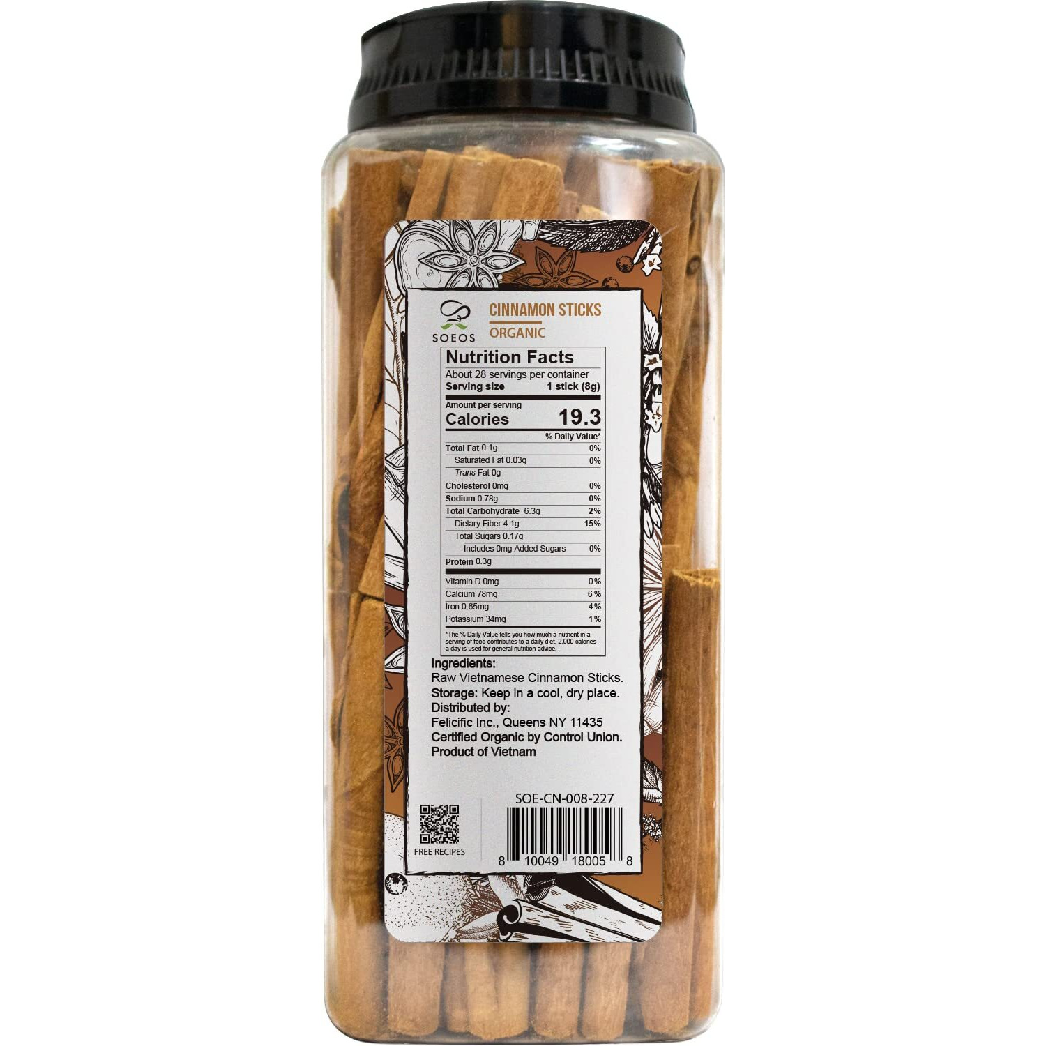 Soeos Organic Cinnamon Sticks, Cinnamon, Ground Cinnamon, Cinnamon Sticks, 100% Raw, Non-Gmo, Kosher Certified, Cinnamon Seasoning Spice For Coffee, Baking, Cooking And Beverages 8 Oz (226G)
