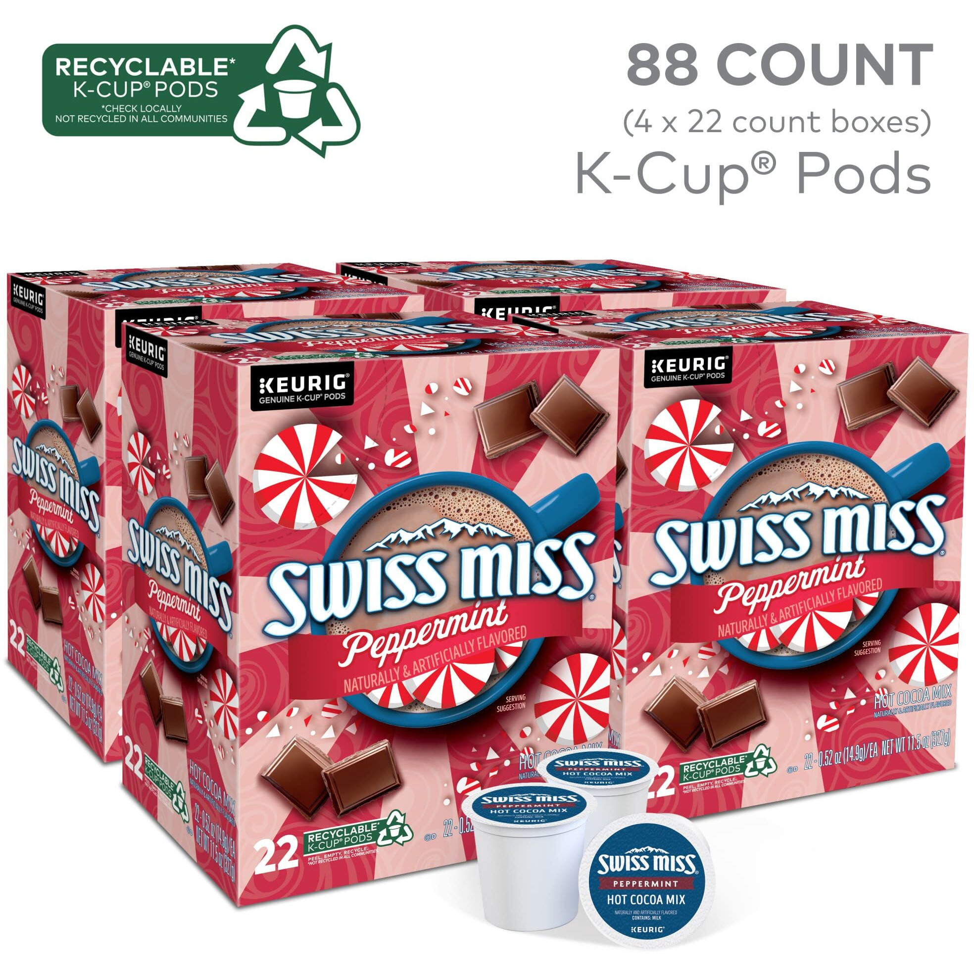 Swiss Miss Peppermint Hot Cocoa, Single-Serve Keurig K-Cup Pods, Hot Chocolate, 88 Count (4 Packs Of 22)