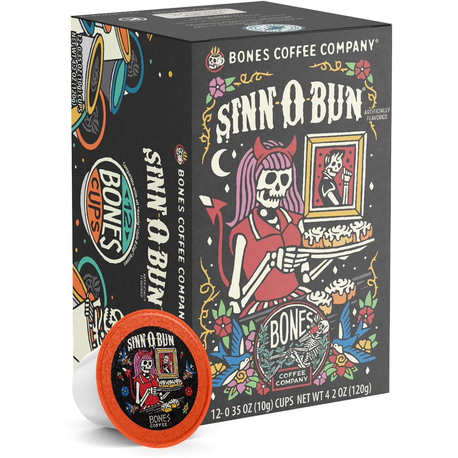 Bones Coffee Company Flavored Coffee Bones Cups Sinn-O-Bunn Cinnamon Bun Flavor | 12Ct Single-Serve Coffee Pods Compatible With Keurig 1.0 & 2.0 Keurig Coffee Maker