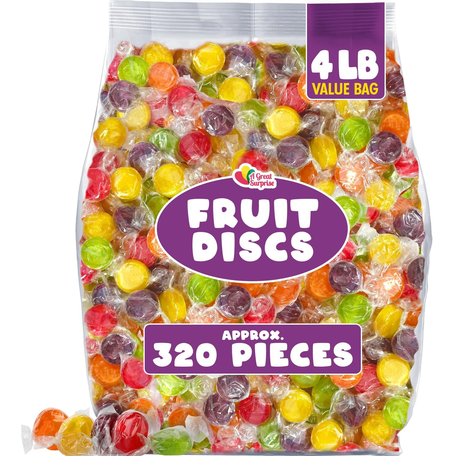 A Great Surprise Assorted Fruit Discs - 5 Pound Bag - Bulk Individually Wrapped Candy - Fruit Flavored Candies (Fruity Hard Candy Discs)