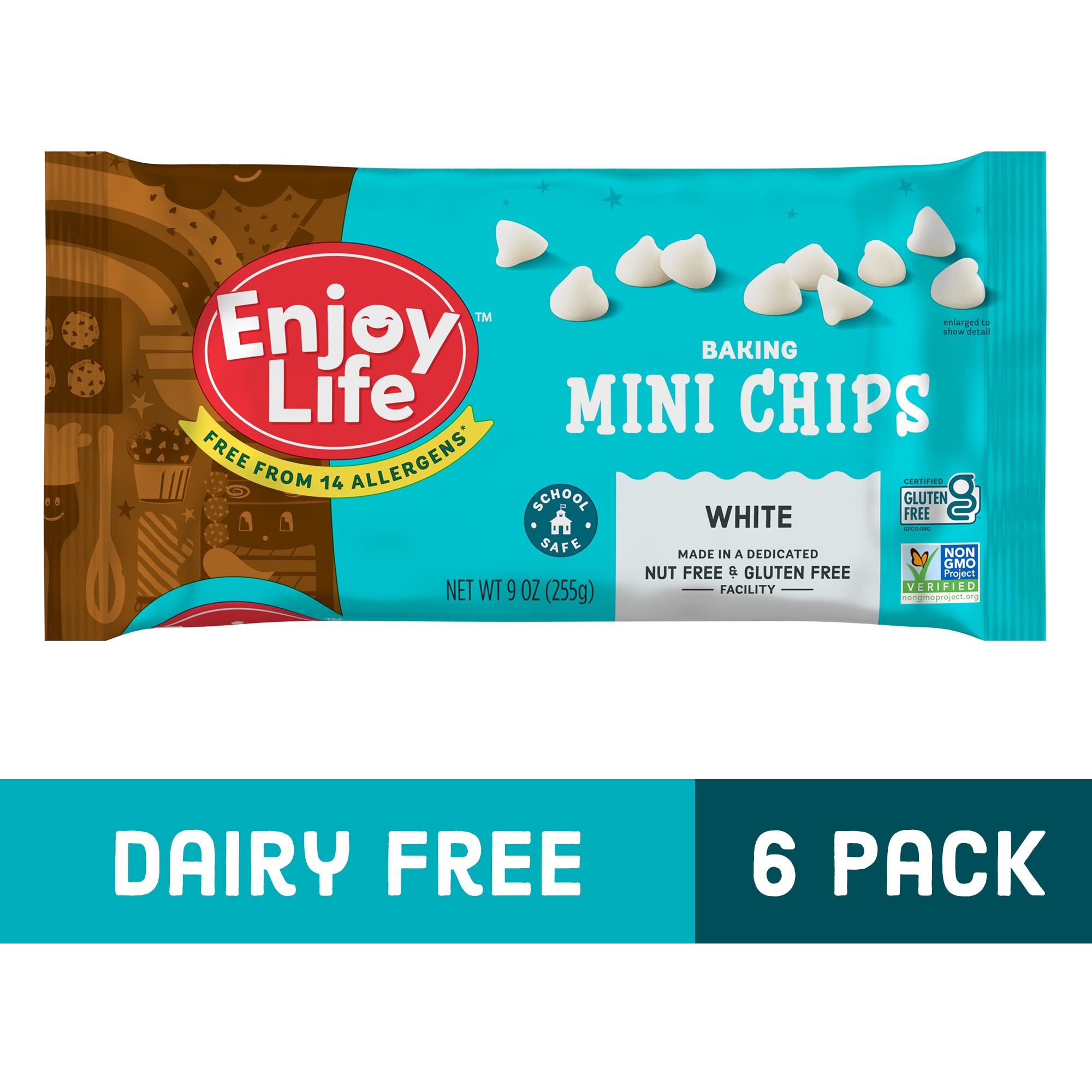Enjoy Life Baking White Baking Chips, Dairy, Soy, & Nut Free, Non Gmo, Gluten Free, Vegan Chocolate Chips, 9 Oz (Pack Of 6), Bake The Best Brownies, Cakes, Cookies, & Pancakes