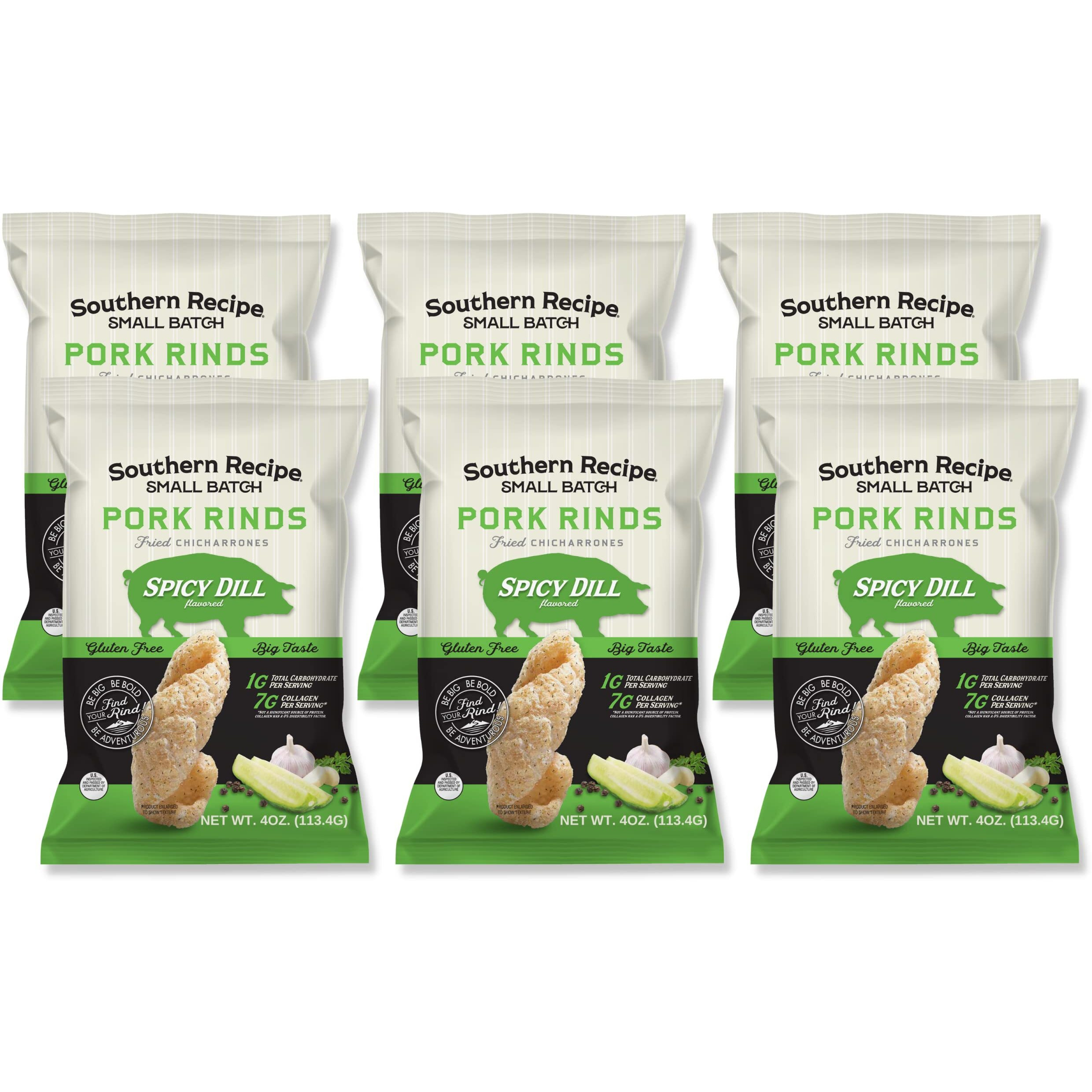 Southern Recipe Small Batch Pork Rinds | Spicy Dill Flavor | Keto Friendly, Gluten Free, Low Carb Food | 7G Collagen Per Serving | High Protein | 4 Oz Bag (Pack Of 6)