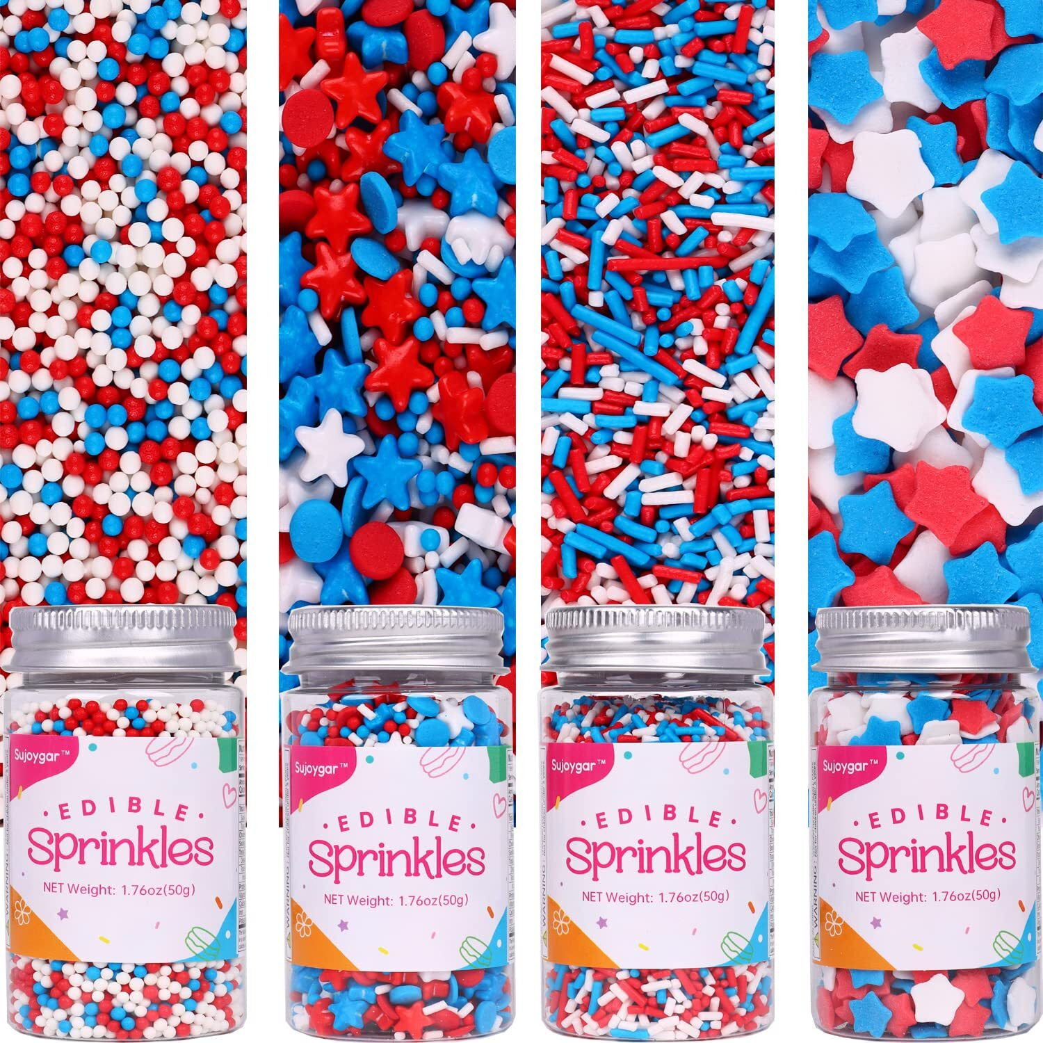 Patriotic Sprinkles Set, Food Grade 50G/Bottle, 4Th Of July, Sujoygar, Independence Day Sprinkles For Cupcake Decorating, Cookie, Cake, Chocolate, Baking
