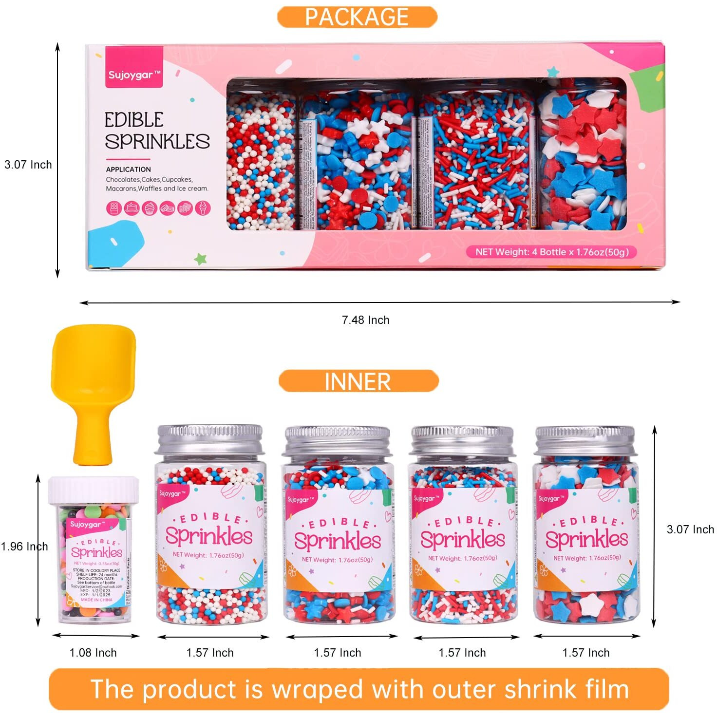 Patriotic Sprinkles Set, Food Grade 50G/Bottle, 4Th Of July, Sujoygar, Independence Day Sprinkles For Cupcake Decorating, Cookie, Cake, Chocolate, Baking