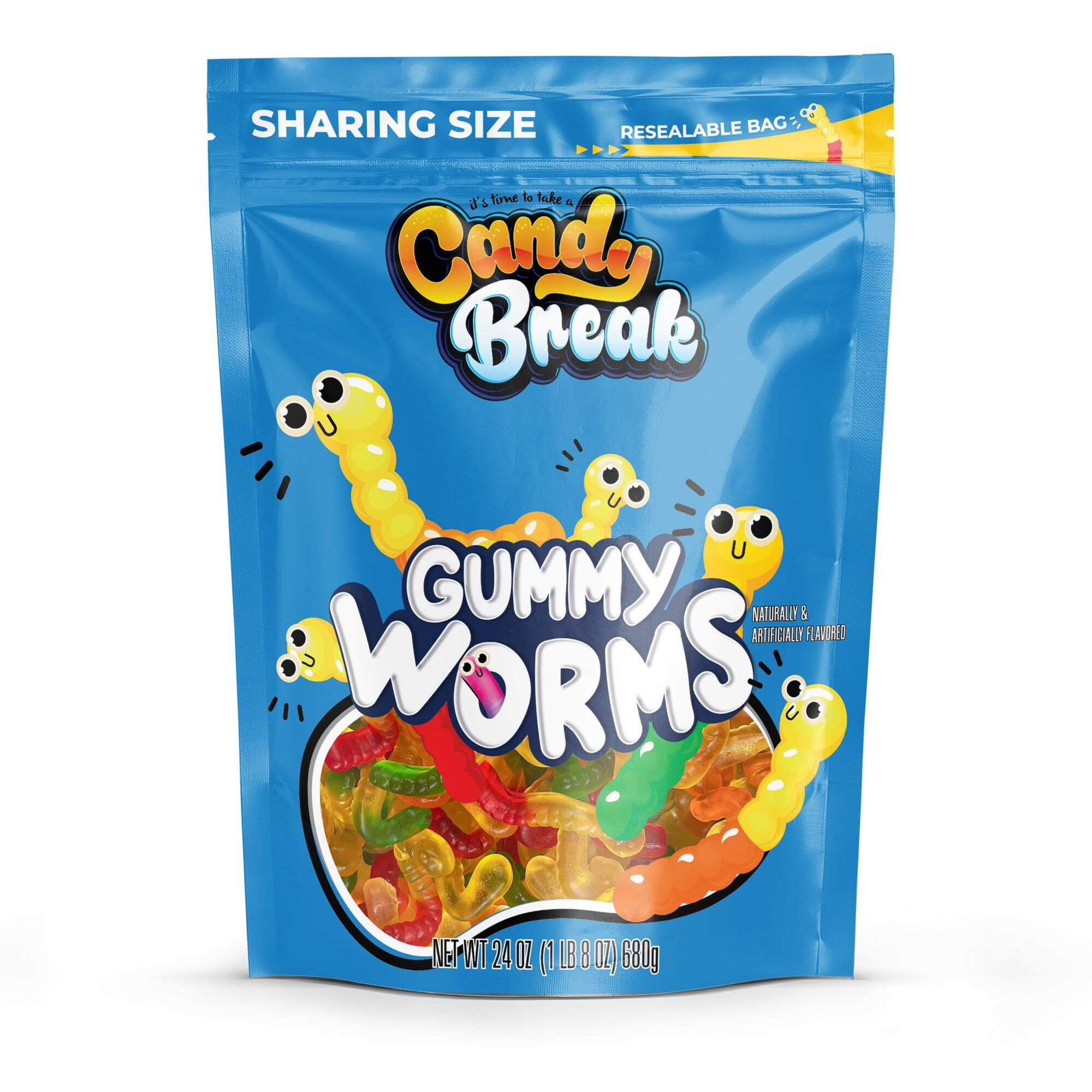 Candy Break Fruity & Sweet Gummy Worms 24 Oz Share Size Bag Pack Of 1 - Chewy Gummy Bulk Candy Pack - Snacks For Kids & Grown Ups