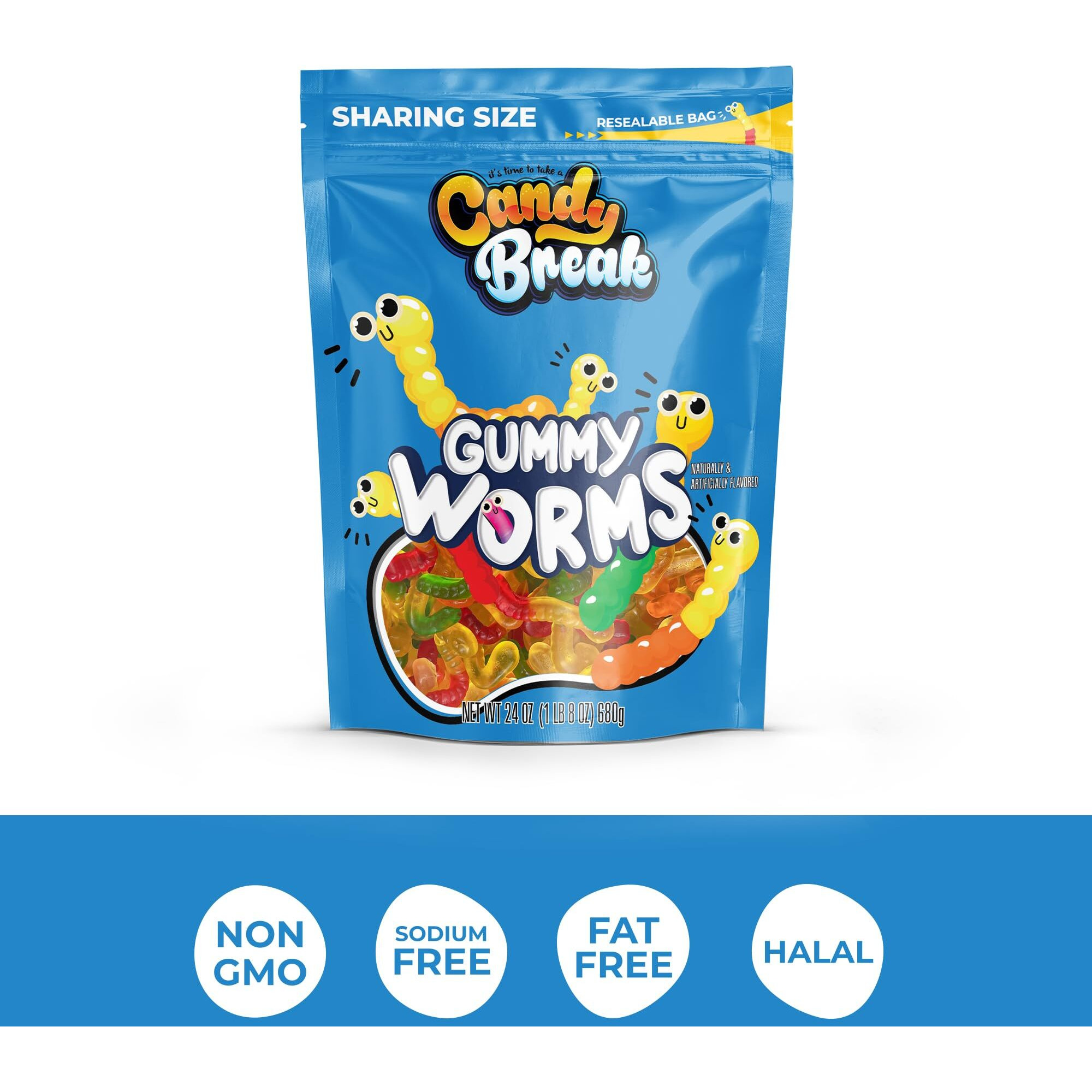 Candy Break Fruity & Sweet Gummy Worms 24 Oz Share Size Bag Pack Of 1 - Chewy Gummy Bulk Candy Pack - Snacks For Kids & Grown Ups