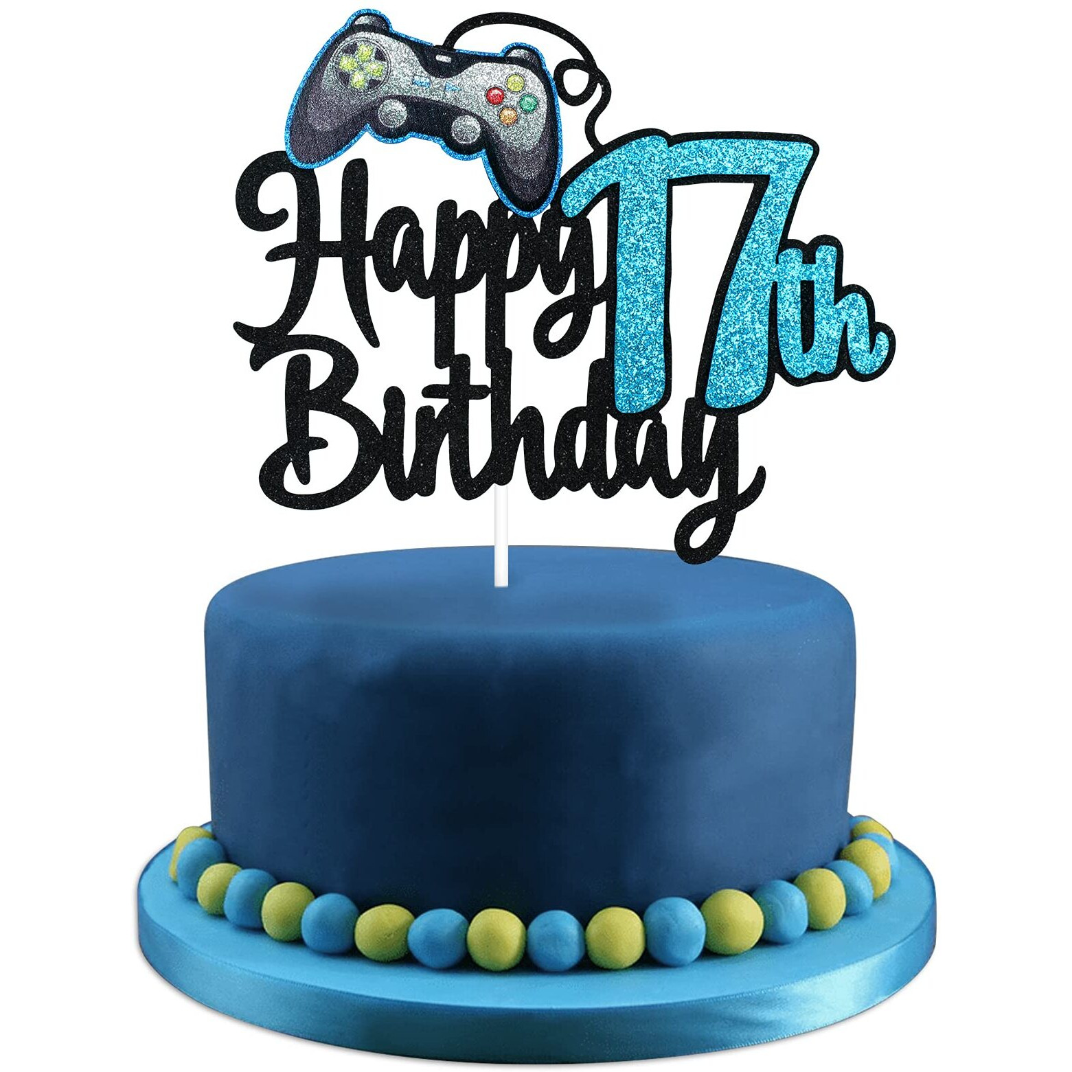Video Game Happy 17Th Birthday Cake Topper - Video Game Boy's 17Th Birthday Party Blue Cake Supplies - Game On Level Up Winner Party Decoration